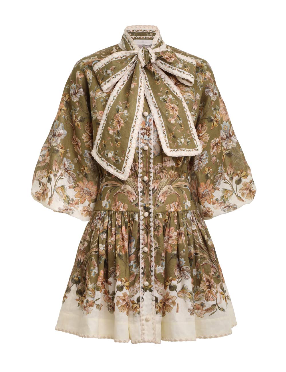 Chintz Tie Neck Mini Dress Khaki Daisy Floral Online | Zimmermann