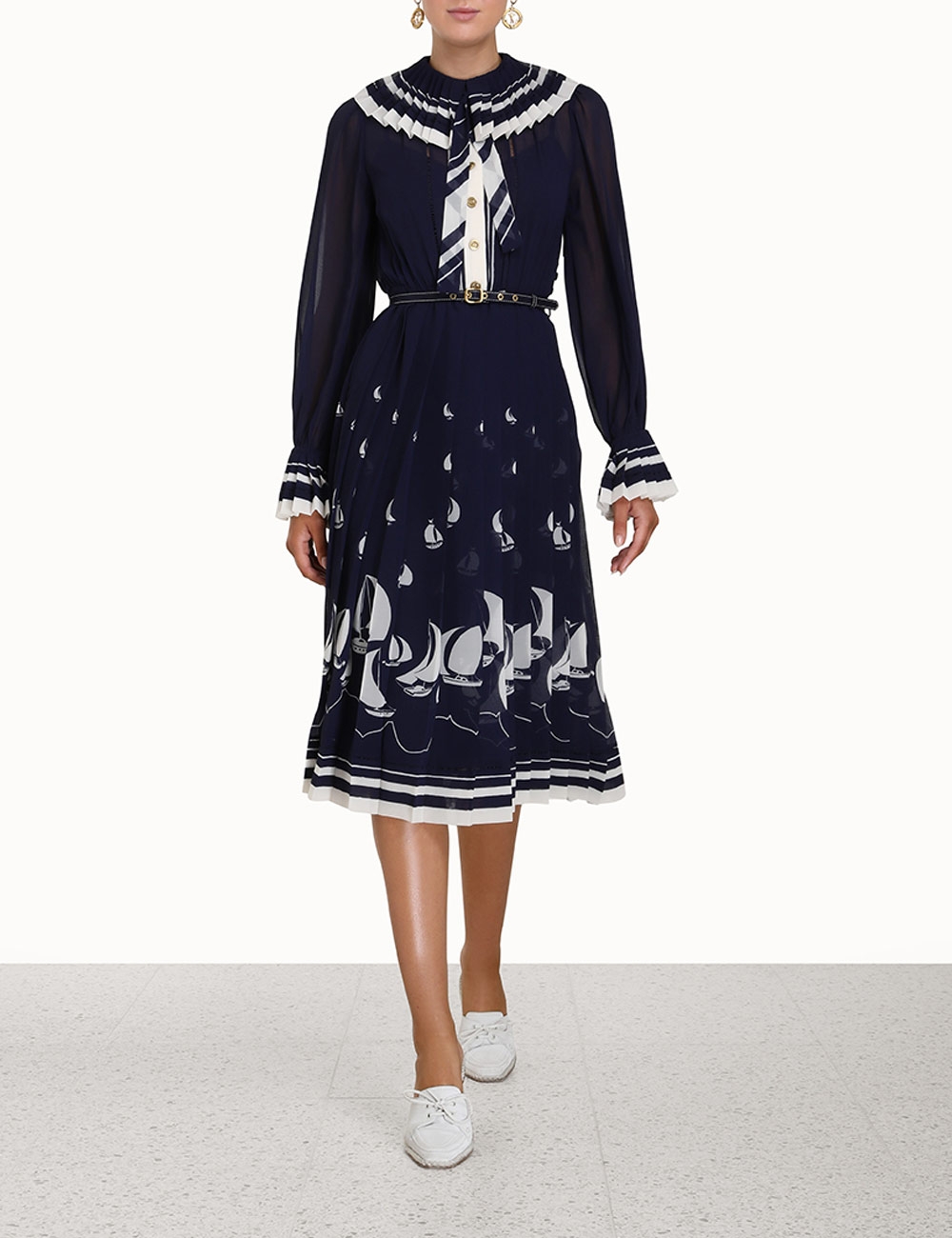 Pleated Tie Neck Midi Dress