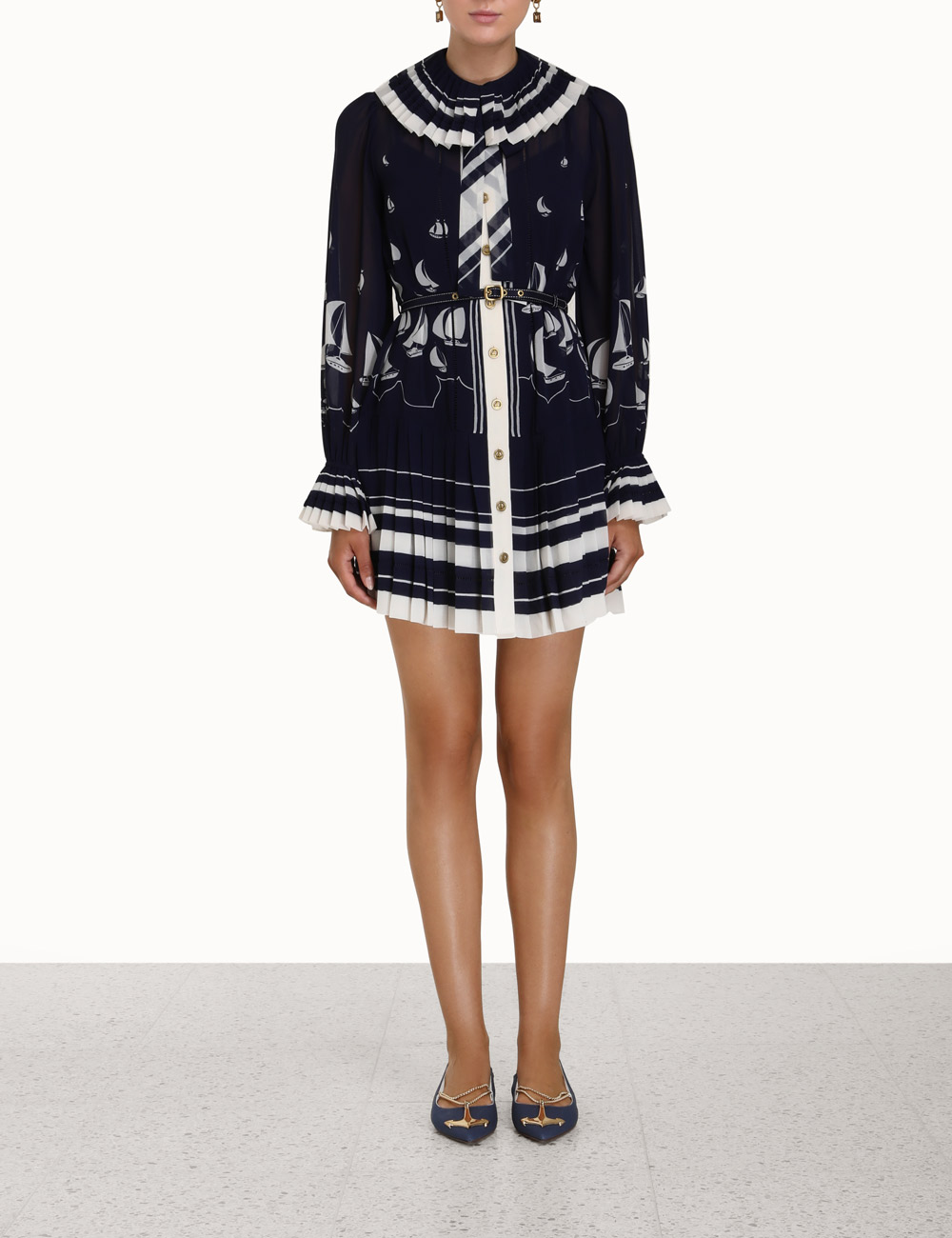 Pleated Tie Neck Mini Dress