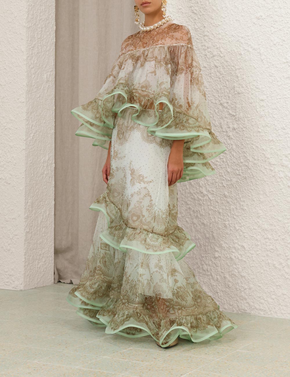 Crush Flutter Maxi Skirt Mint Lace Print Online | Zimmermann Crush Flutter Maxi Skirt Mint Lace Print Online | Zimmermann