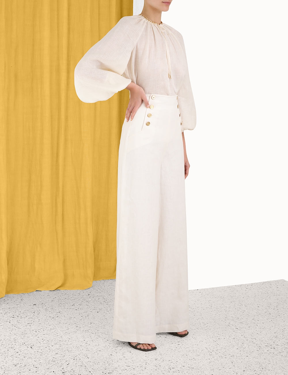 Quiz White Ivory Stretch Trousers Palazzo Pants Gold Buckle Trim Elasticated UK - 1