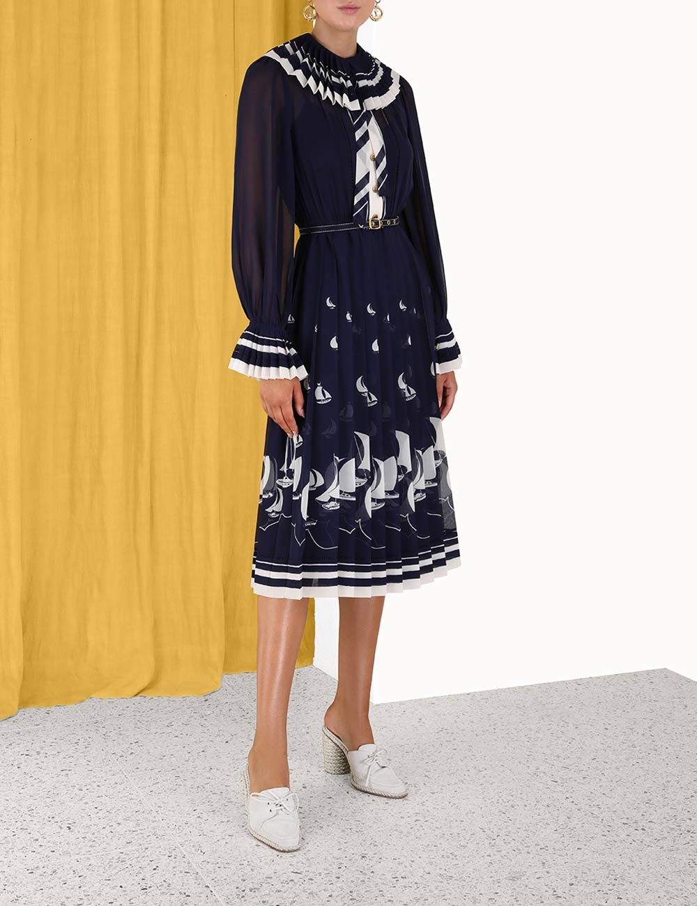 Pleated Tie Neck Midi Dress