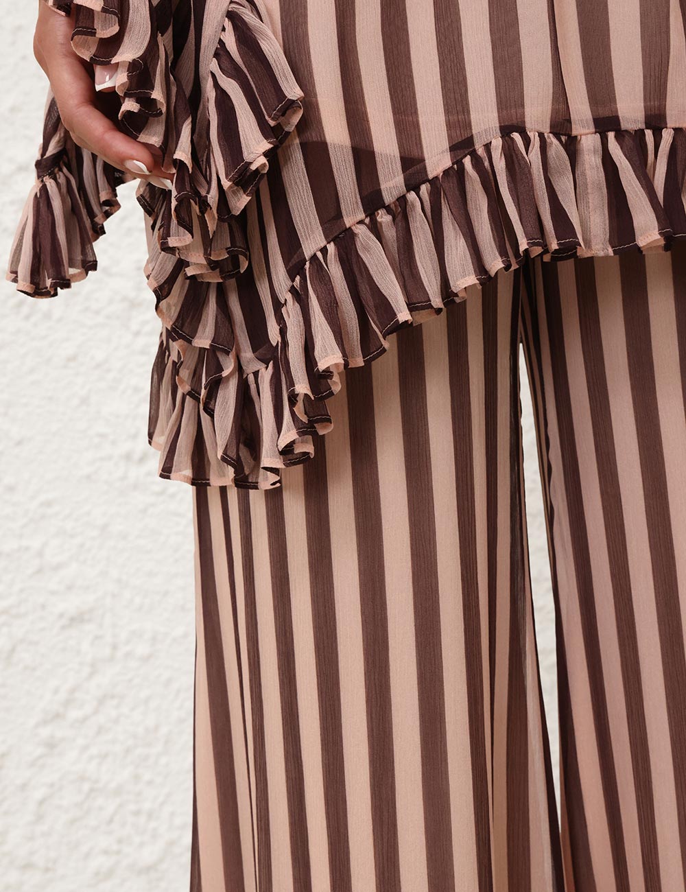 Balance Ruffle Flare Pant Chocolate Stripe Online | Zimmermann