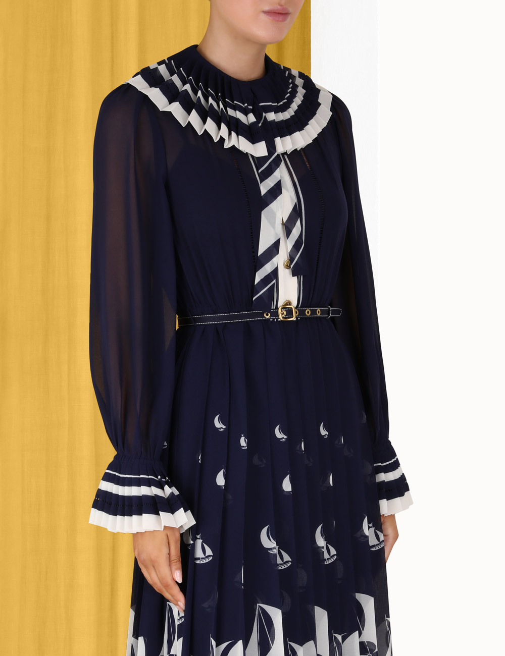 Pleated Tie Neck Midi Dress
