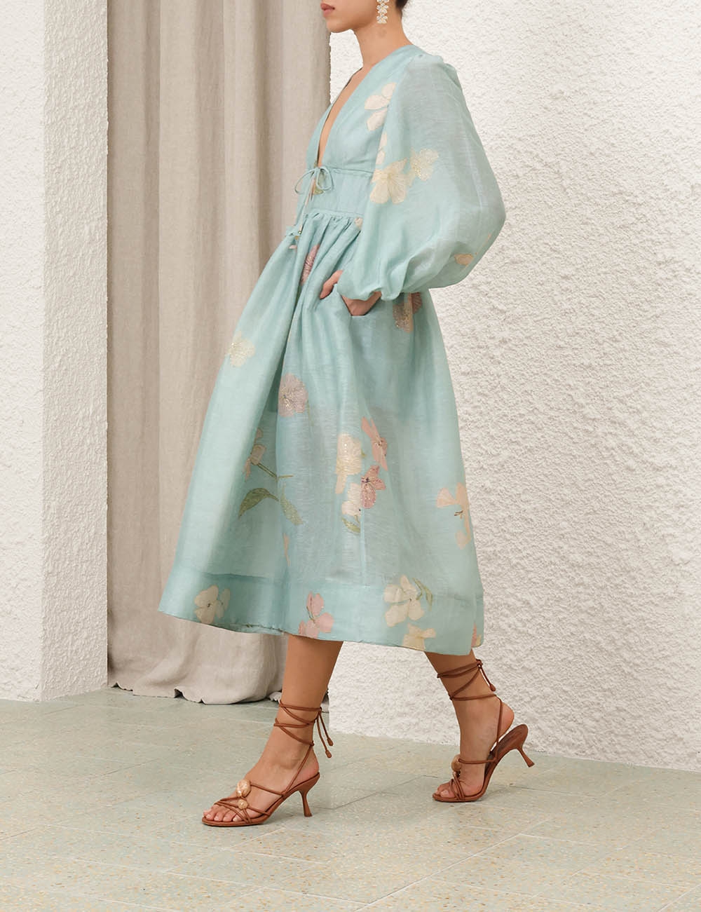 Illuminate Drawn Billow Dress Mint Hibiscus Online | Zimmermann