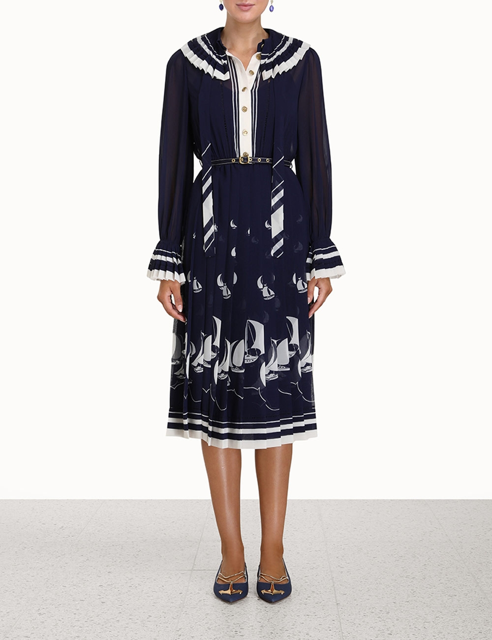 Pleated Tie Neck Midi Dress
