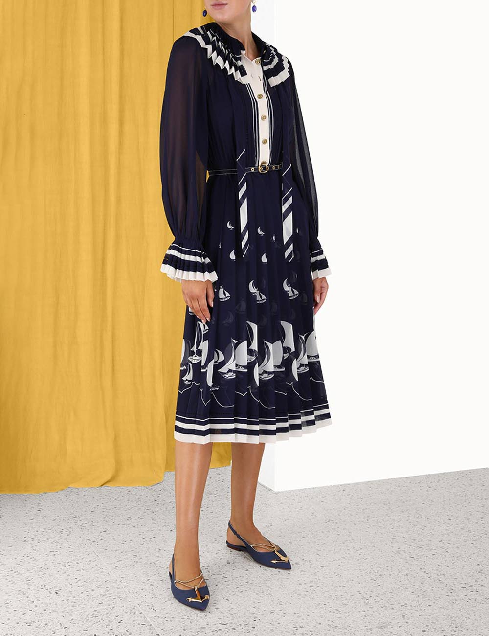 Pleated Tie Neck Midi Dress