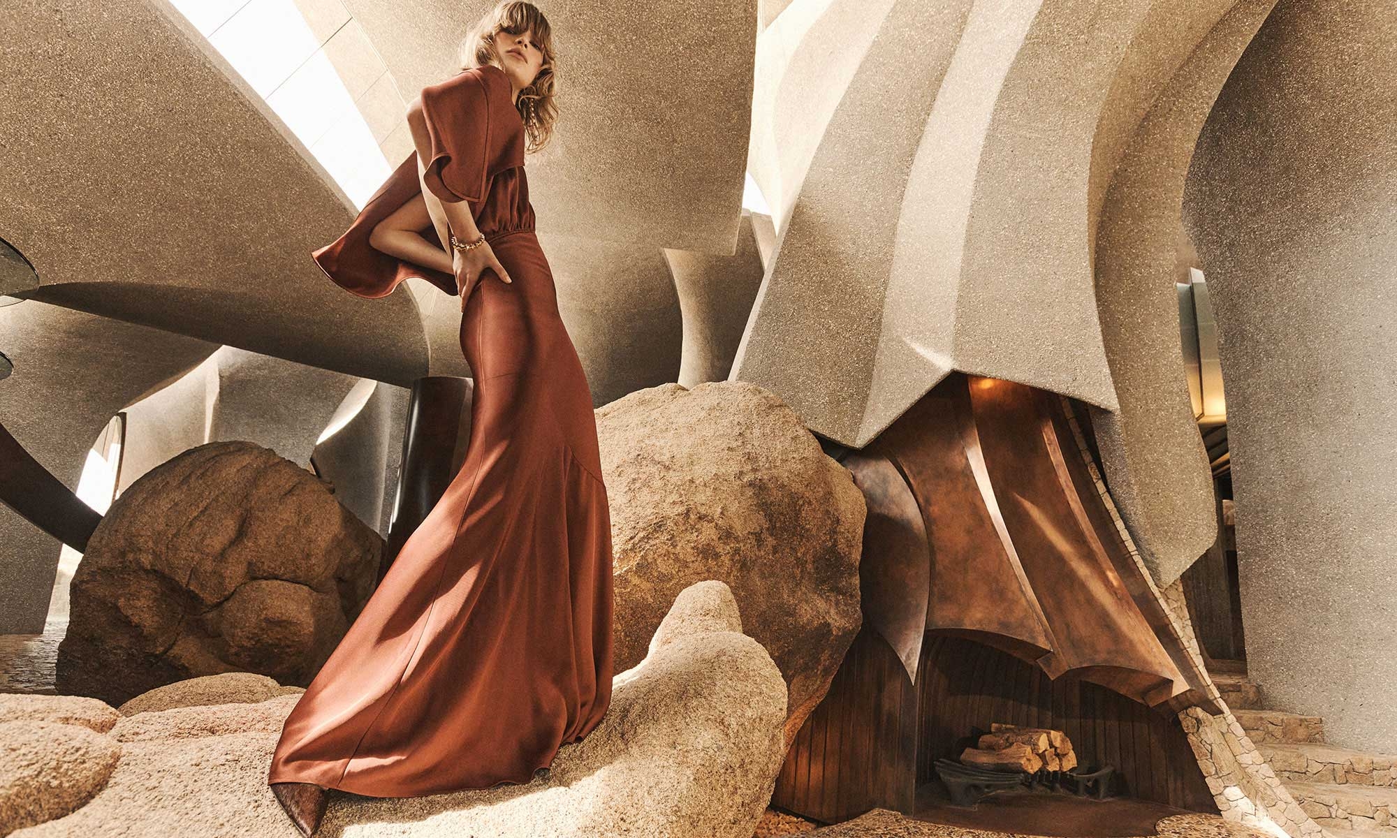 Model wears the Eden Cascading Midi Dress in Chestnut, Zimmermann Muse Drop Earrings in Gold/Pearl, Zimmermann Deco Cuff in Gold and Zimmermann Harlow Pump 35 in Chocolate  
