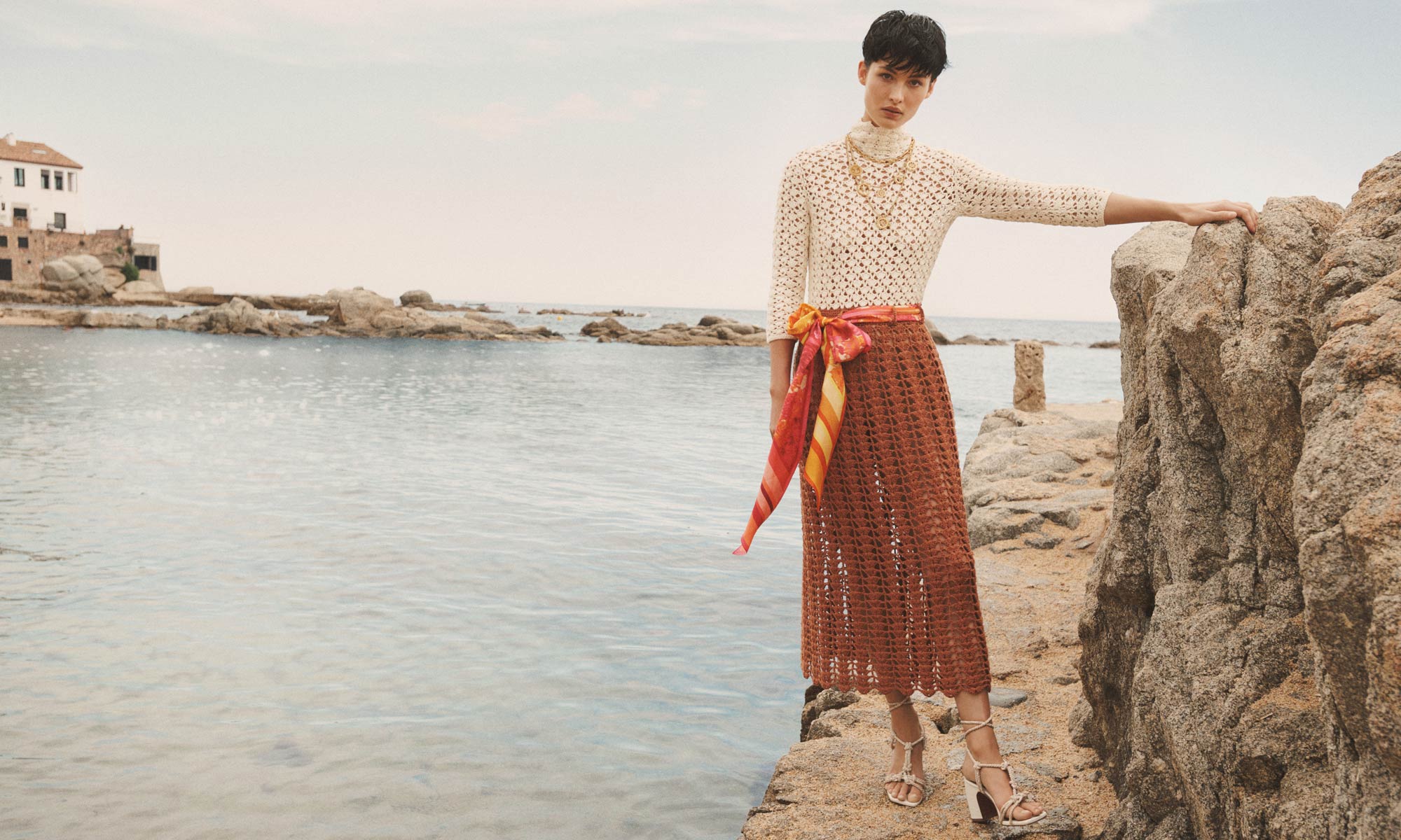 5521DHIG High Tide Crochet Midi Dress, Cream/ Brown, 4374R23 Nautical Chain Choker, Golden Brass, 4373R23 Nautical Charm Necklace, Golden Brass, 4458R23 Mid Length Coin Necklace, Golden Brass, 4450R23 Knotted Rope Sandal 85, Latte 