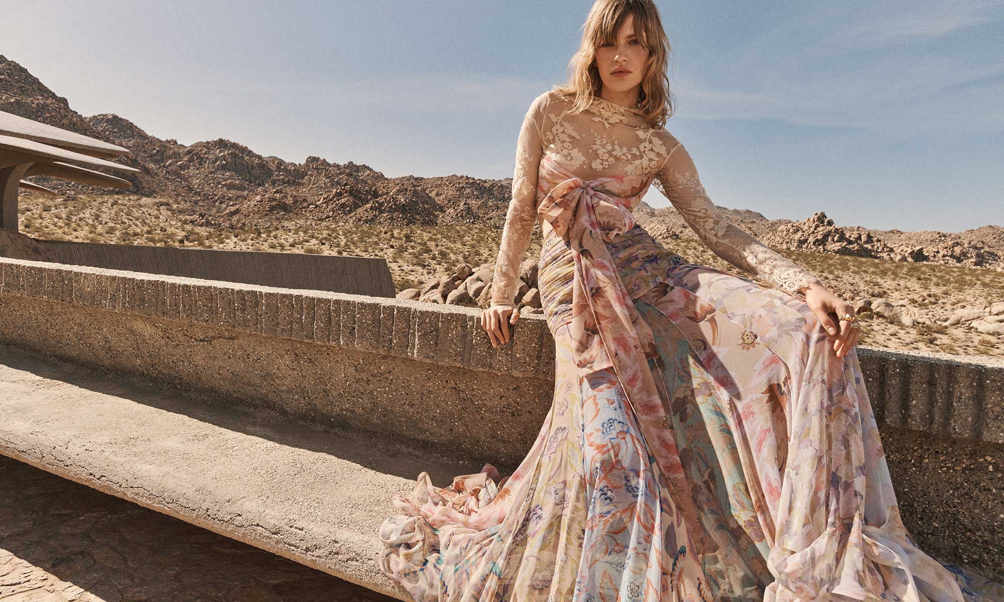 Model wears the Eden Flounce Maxi Dress in Spliced Eden and Zimmermann Eliot Sandal 85 in Biscuit 