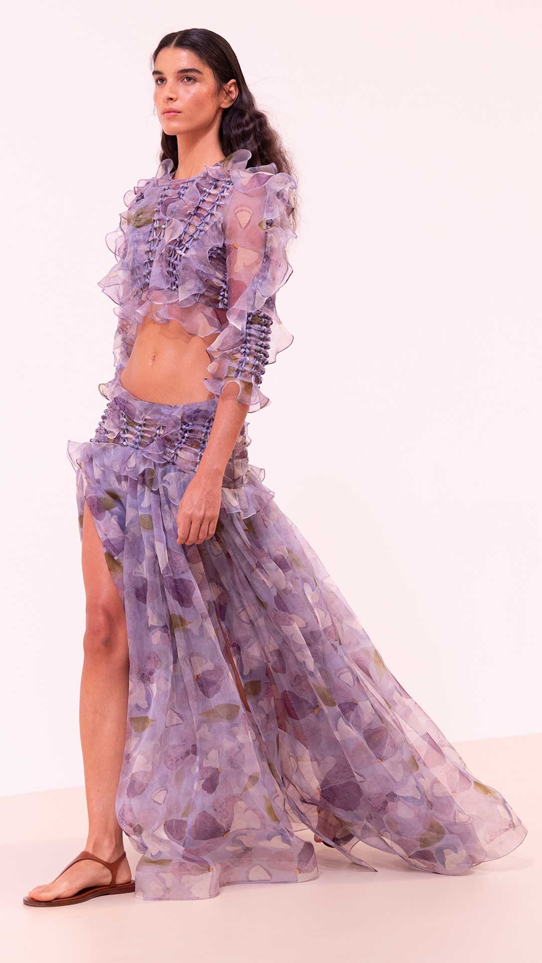 Look 42: Dawning Braided Bodice in Lilac Floral, Dawning Braided Maxi Skirt in Lilac Floral and Wild Sandal in Pecan 