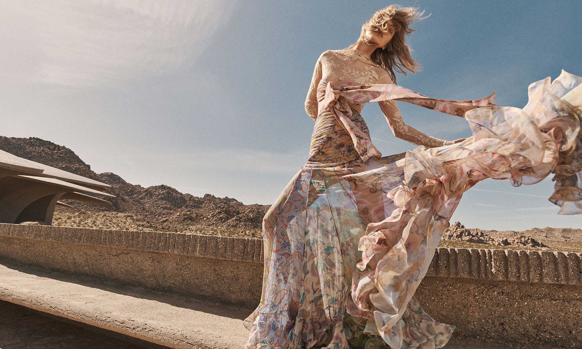 Model wears the Eden Flounce Maxi Dress in Spliced Eden and Zimmermann Eliot Sandal 85 in Biscuit 
