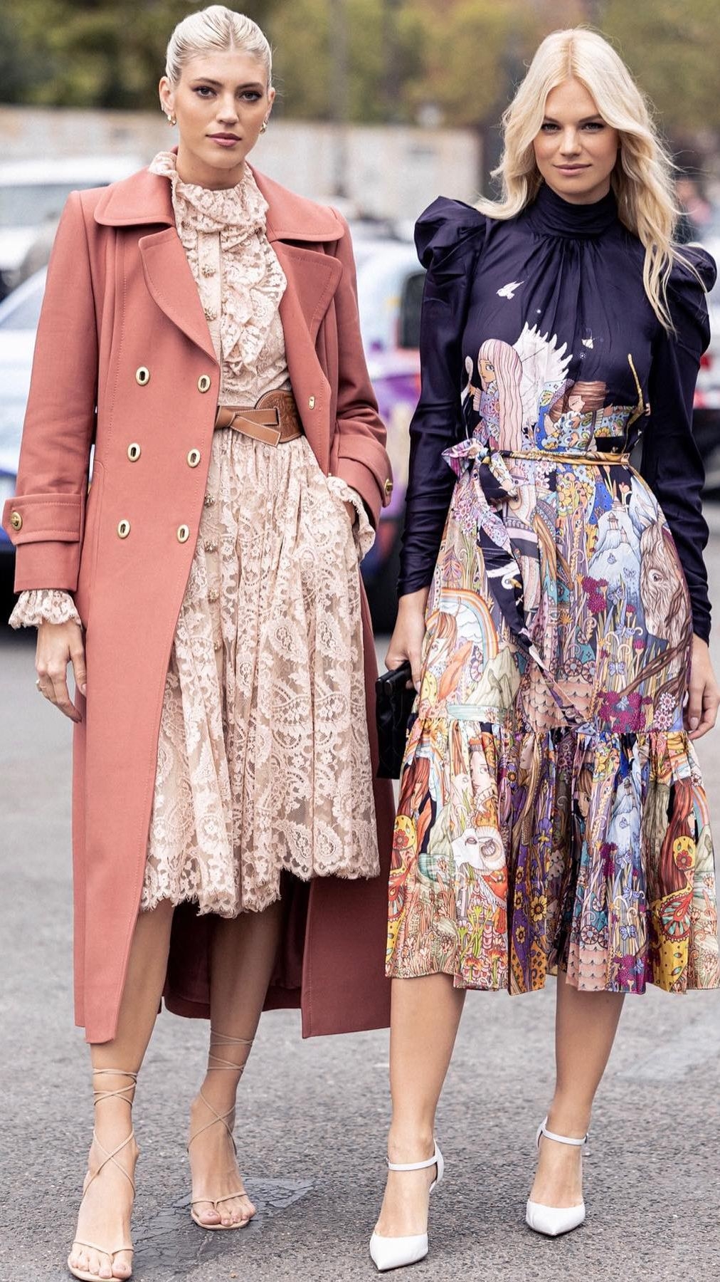 The Kaleidoscope Patch Pocket Coat and Lace Ruffe Midi as seen on Devon Windsor, and the Celestial Gathered Midi Dress as seen on Nadine Leopold  