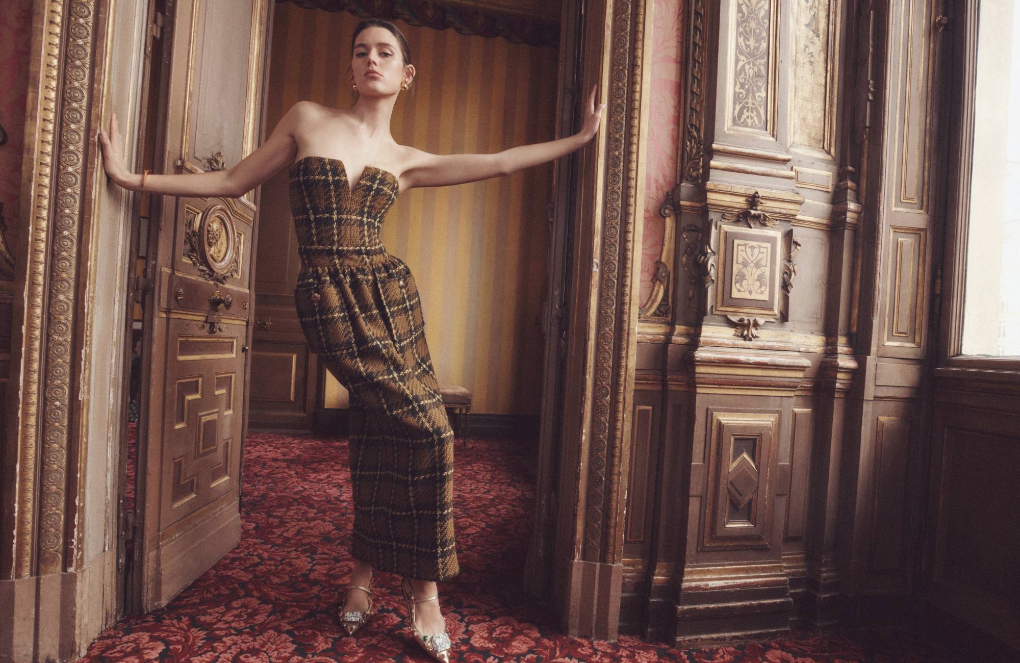 Luminosity Check Bodice in Olive Check, Luminosity Tulip Skirt in Olive Check, Pebble Medium Earrings in Gold, Paint Stroke Cuff in Gold and Zimmermann Phantasy Ballerinas in Gold 
