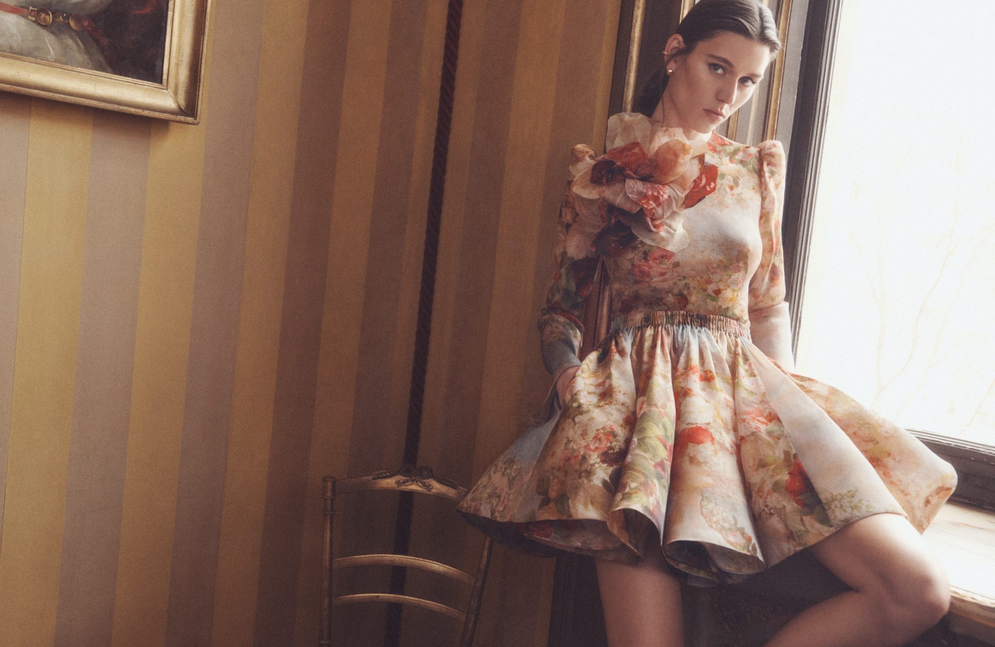 Luminosity Ruched Mini Dress in Rosy Garden Floral and Pebble Huggies in Gold, Paint Stroke Ear Cuff in Gold 