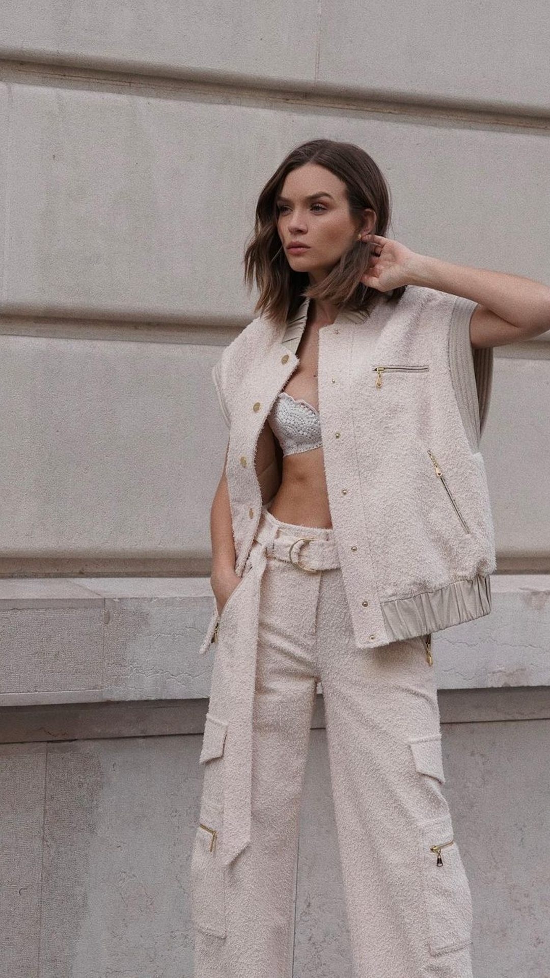 The Wonderland Textured Gilet, Wonderland Doily Bralette and Wonderland Cargo Pant as seen on Josephine Skirver 