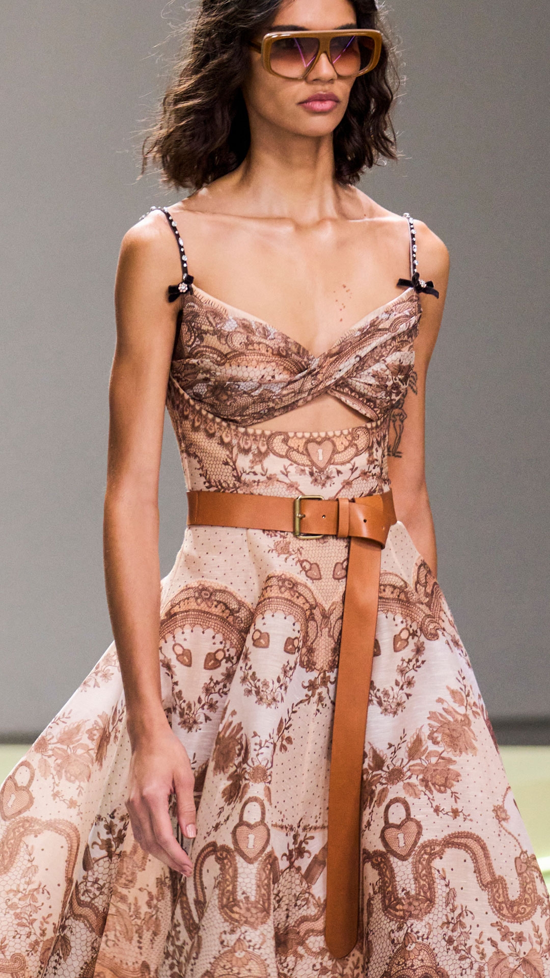 LOOK 3: CRUSH TWIST FRONT MIDI DRESS IN PEACH, LACE PRINT LONG BELT 40 IN TAN, ZIMMERMANN ELIOT DERBY IN TAN AND ZIMMERMANN LIV MASK IN CARAMEL 