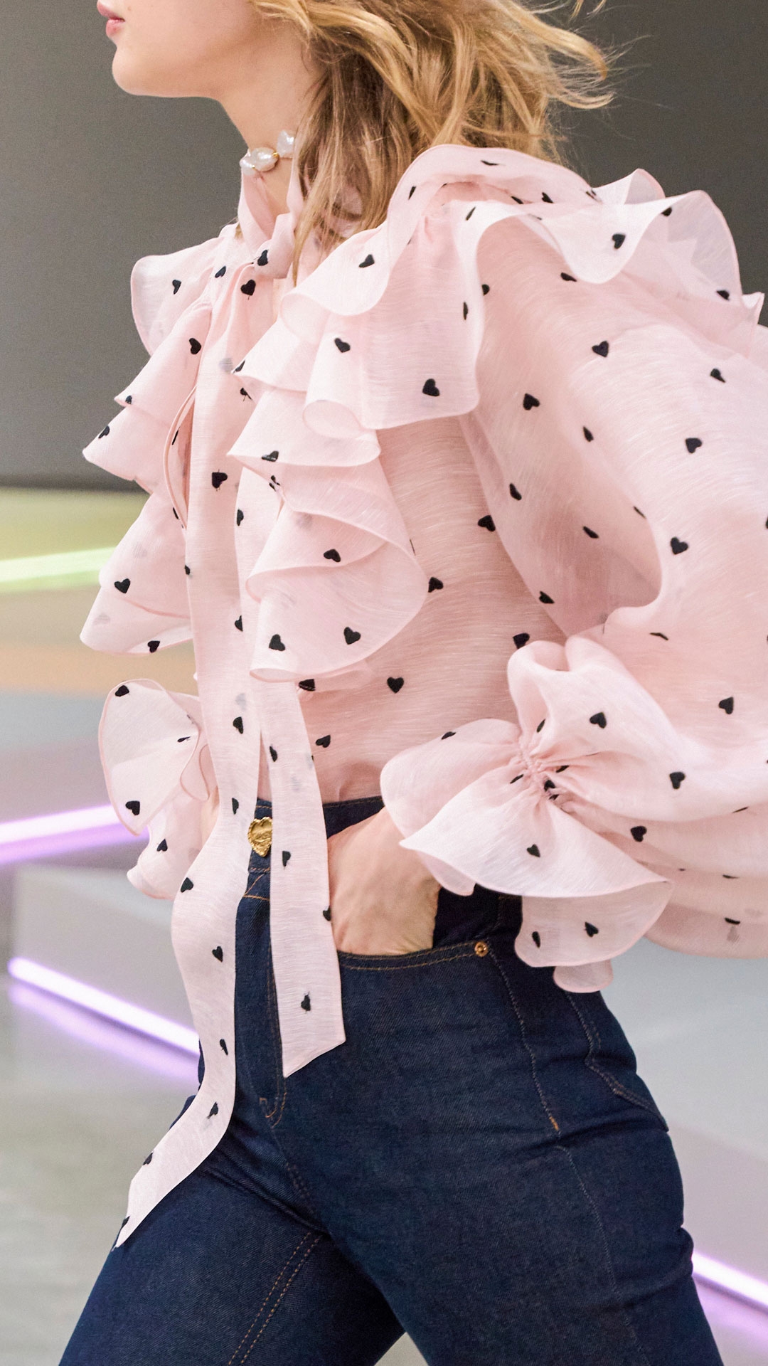 LOOK 18: CRUSH EMBROIDERED BLOUSE IN PINK HEARTS, CRUSH SKINNY JEAN IN NIGHT SKY, ZIMMERMANN WISH NECKLACE IN GOLD/PEARL BLACK CORD AND ZIMMERMANN TUX MULE 65 IN BALLET PINK 
