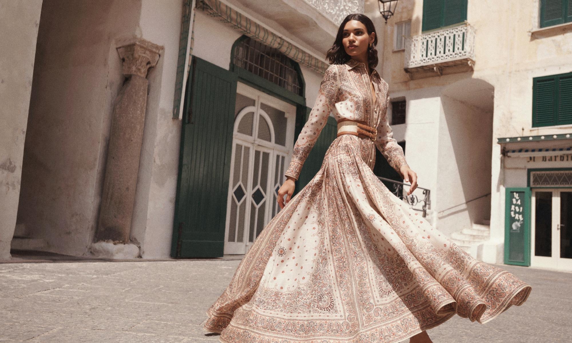 Model wears the Matchmaker Shirt Dress in Cream Bandana, Zimmermann Swing Pave Hoops in Gold, Zimmermann Swing Pendant in Gold, Zimmemorabilia Ring in Gold/Malachite, Raffia Belt 90mm in Avalon and Prisma Slide in Avalon 