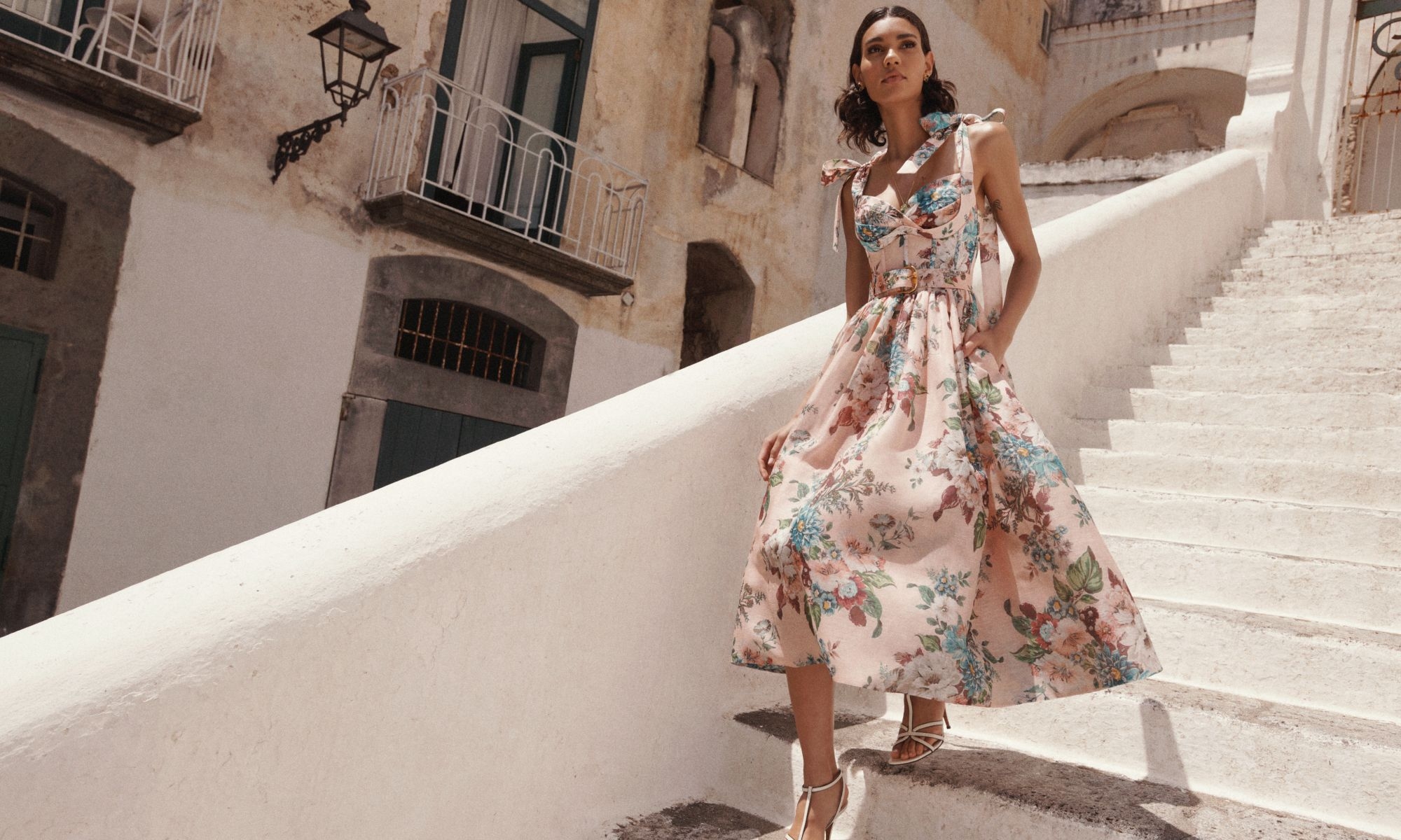 Model wears the Matchmaker Midi Dress in Pink Barkcloth Print, Zimmermann Bloom Studs in Gold/Malachite, Zimmermann Swing Pendant in Gold and Aura Sandal 85 in Macadamia 