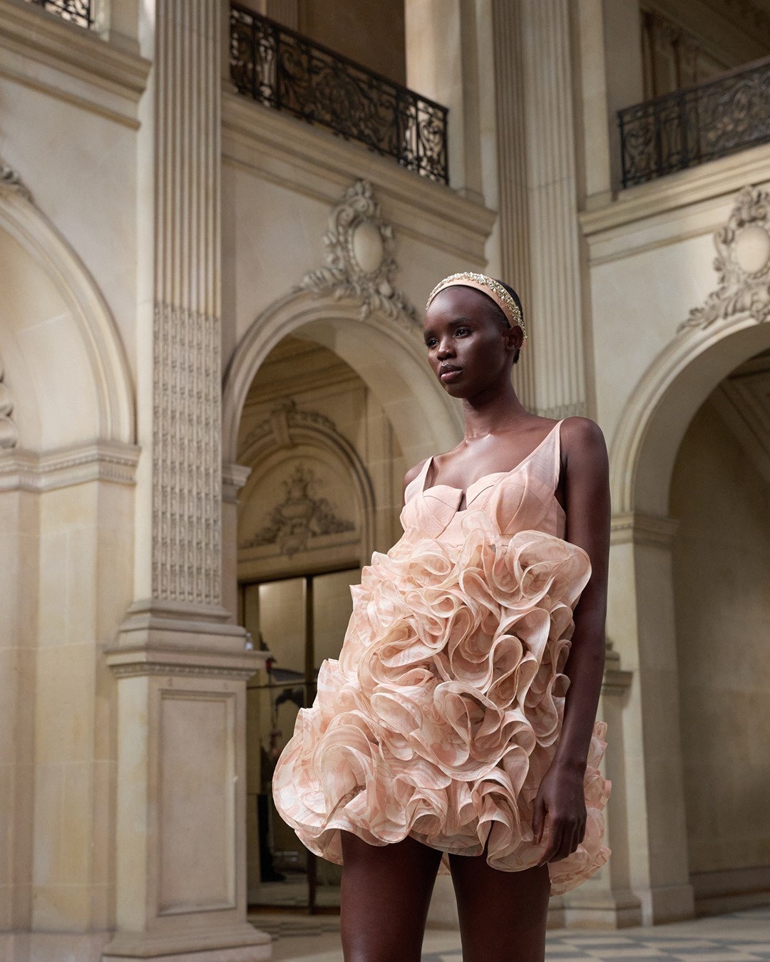 LOOK 25: Matchmaker Ruffle Mini Dress in Pink/Cream Abstract Musical AND Leather Crystal Headband in Blush 