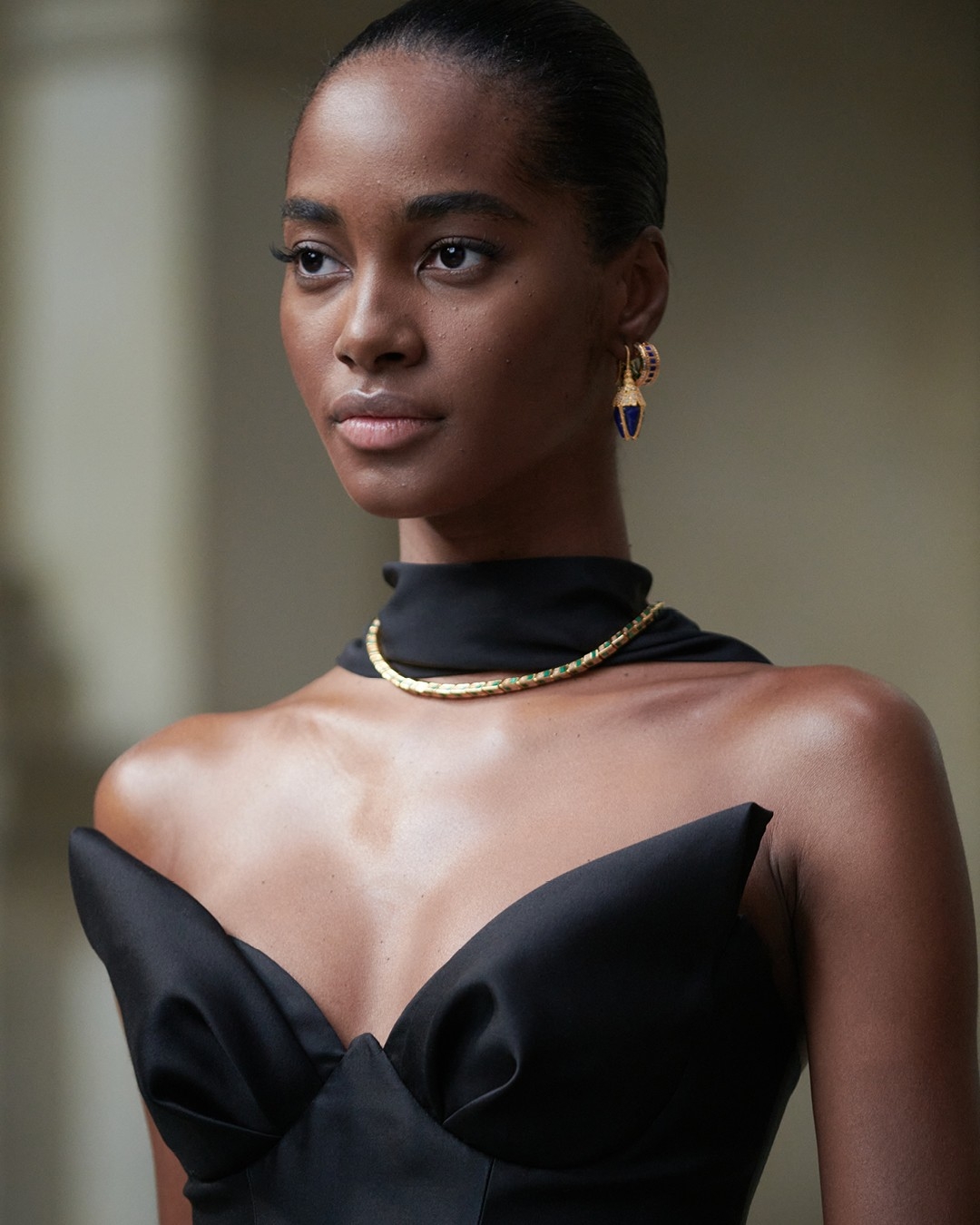 LOOK 40: Matchmaker Bodice Top in Black,   Zimmemorabilia Choker in Gold/Malachite, Zimmermann Bloom Teardrops in Gold/ Lapis AND Zimmemorabilia Stone Hoops in Gold/ Lapis 