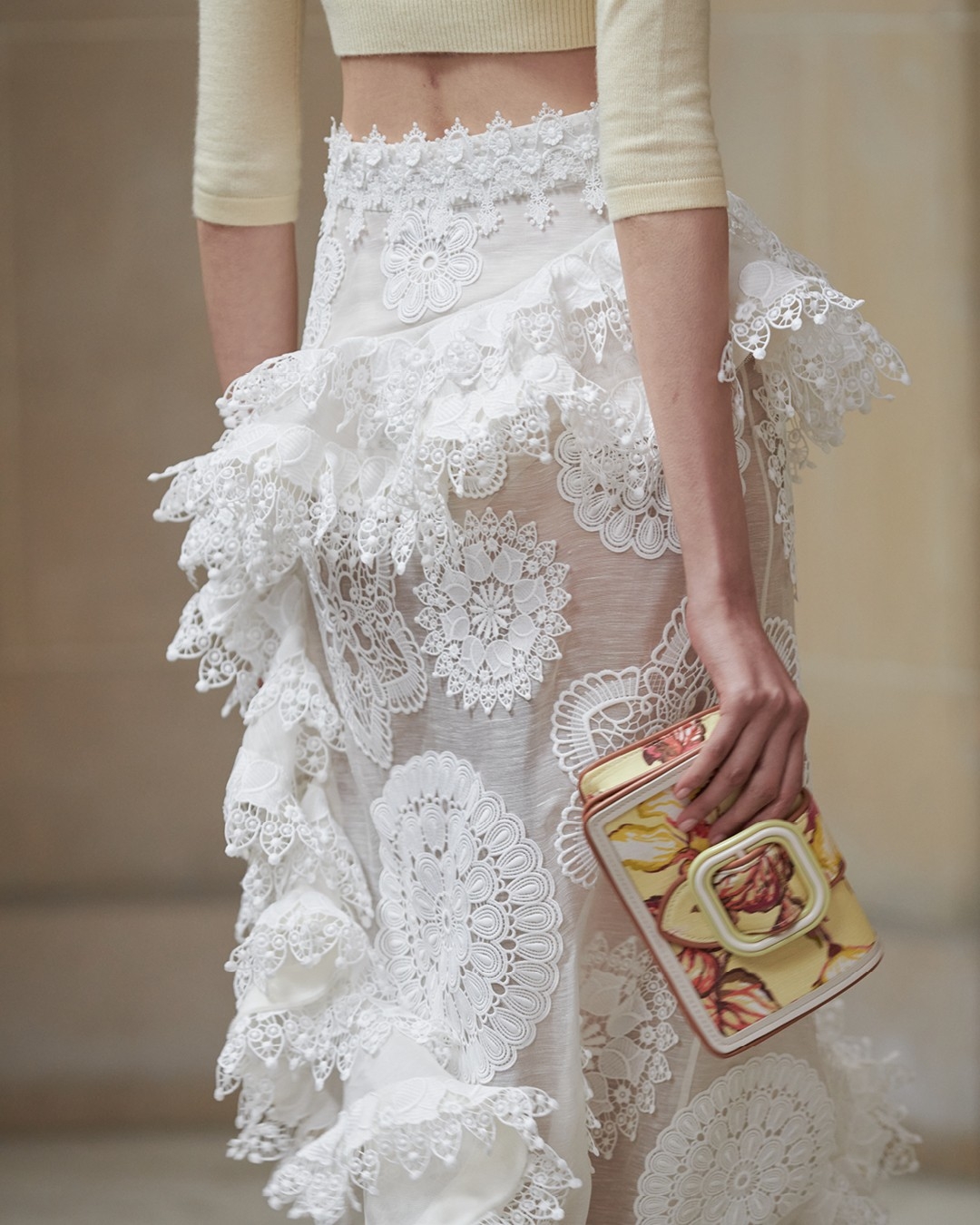 LOOK 4: Matchmaker High Neck Crop Top in Lemon, Matchmaker Doily Skirt in Ivory and Printed Small Cross Body in Lemon Hibiscus 