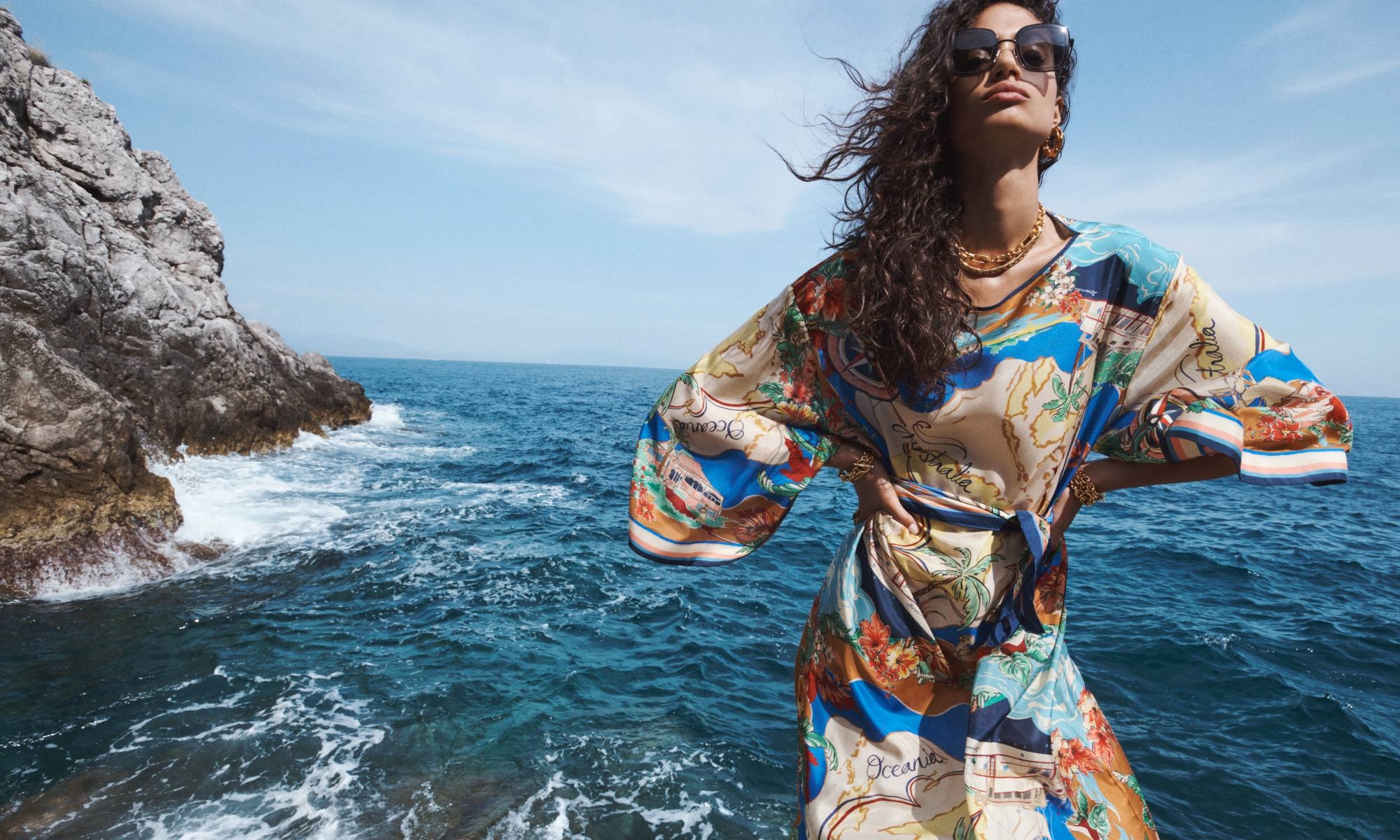 Model wears the Alight Midi Dress in Nautical Map and Zimmermann Dancer Oversize in Black 