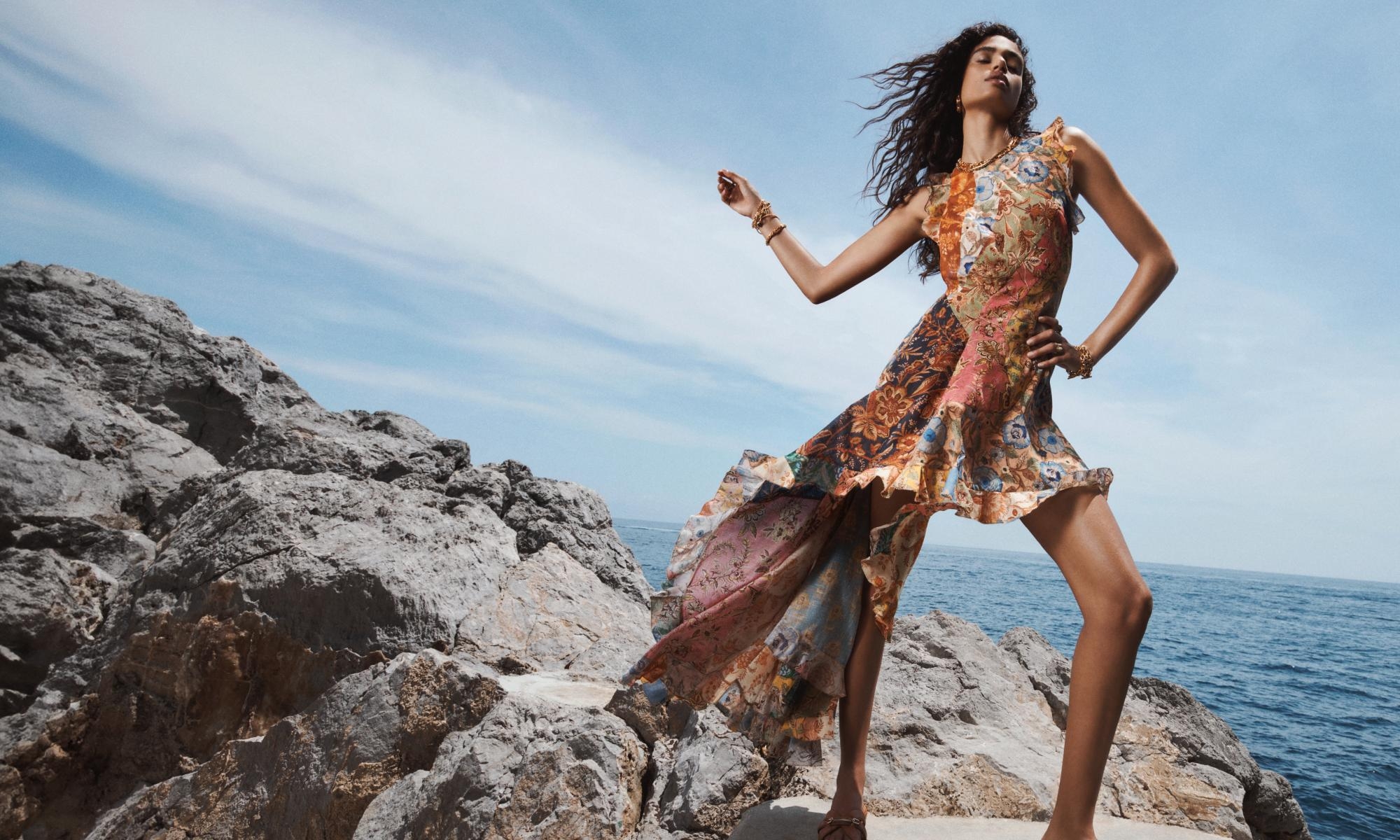 Model wears the Junie Racer Back Midi Dress in Spliced and Prisma Slide in Avalon 
