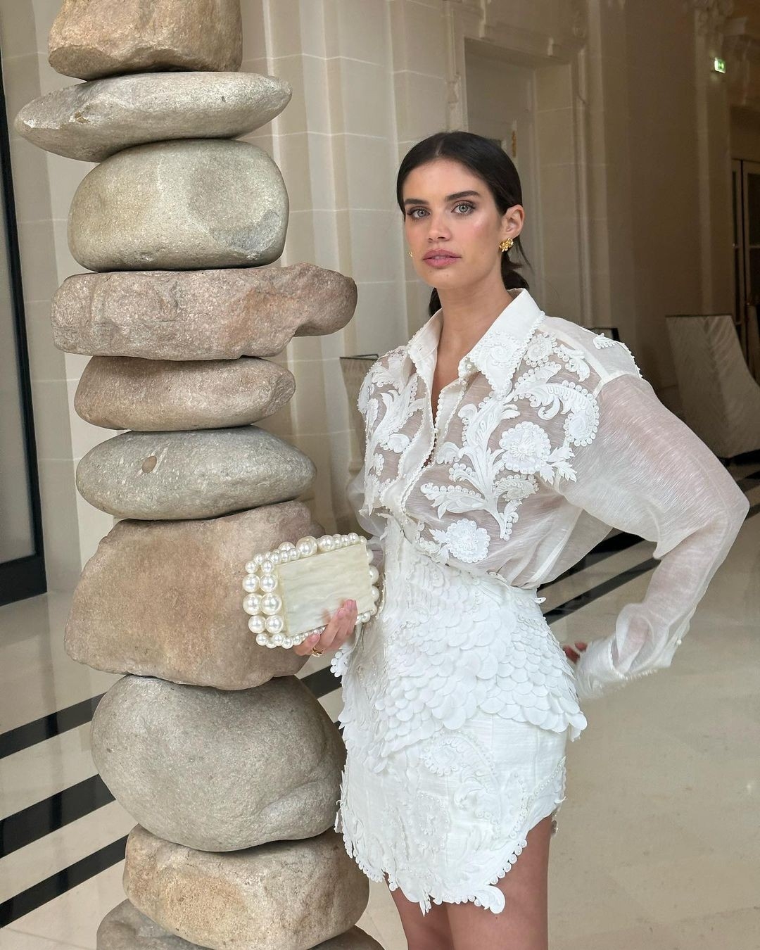 The Tama Filigree Blouse and Tama Filigree Skirt as seen on Sara Sampaio 