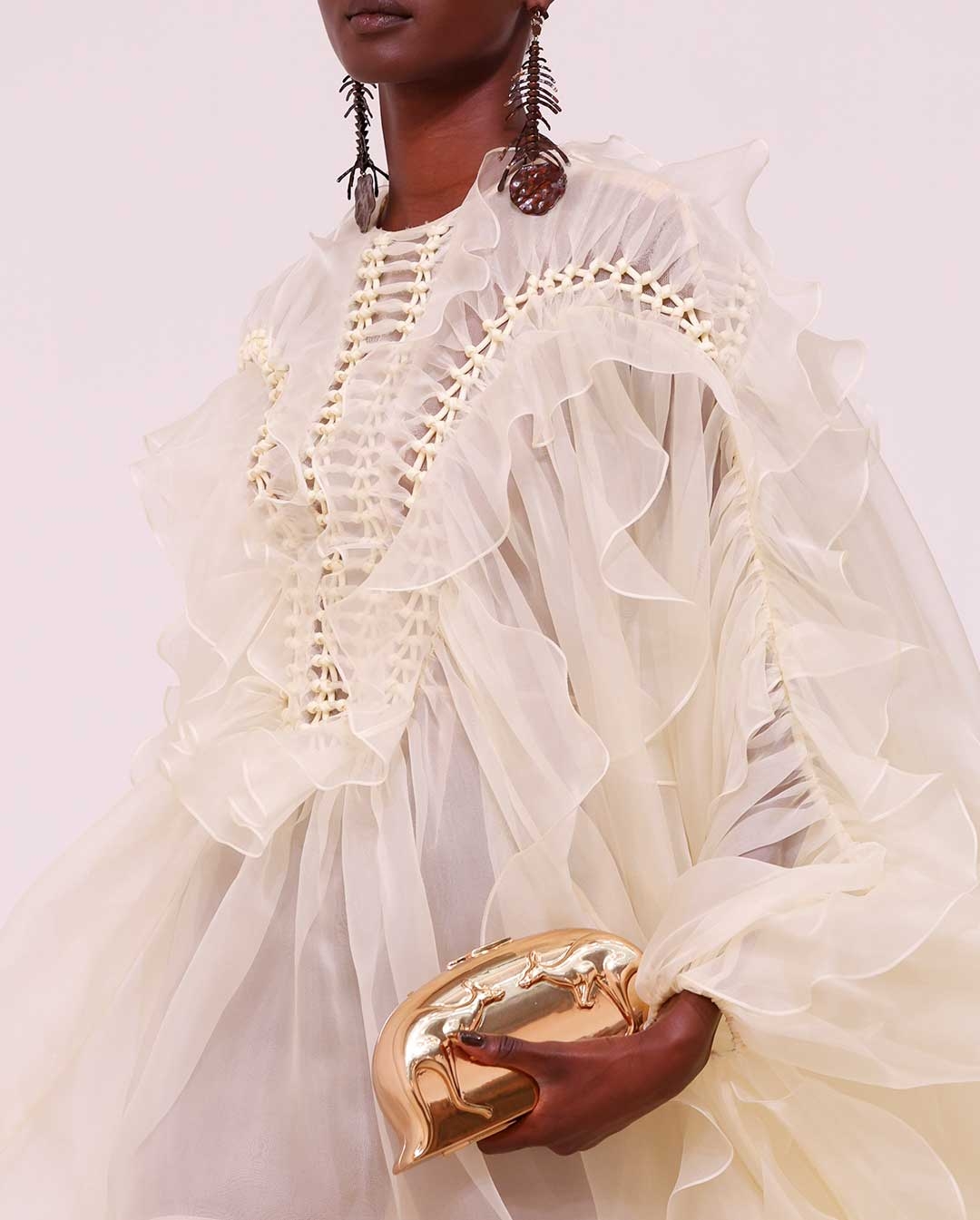 Look 27: Illuminate Macrame Gown in Cream, Long Brim Sunhat in Espresso and Wild Wedge 95 in Espresso 