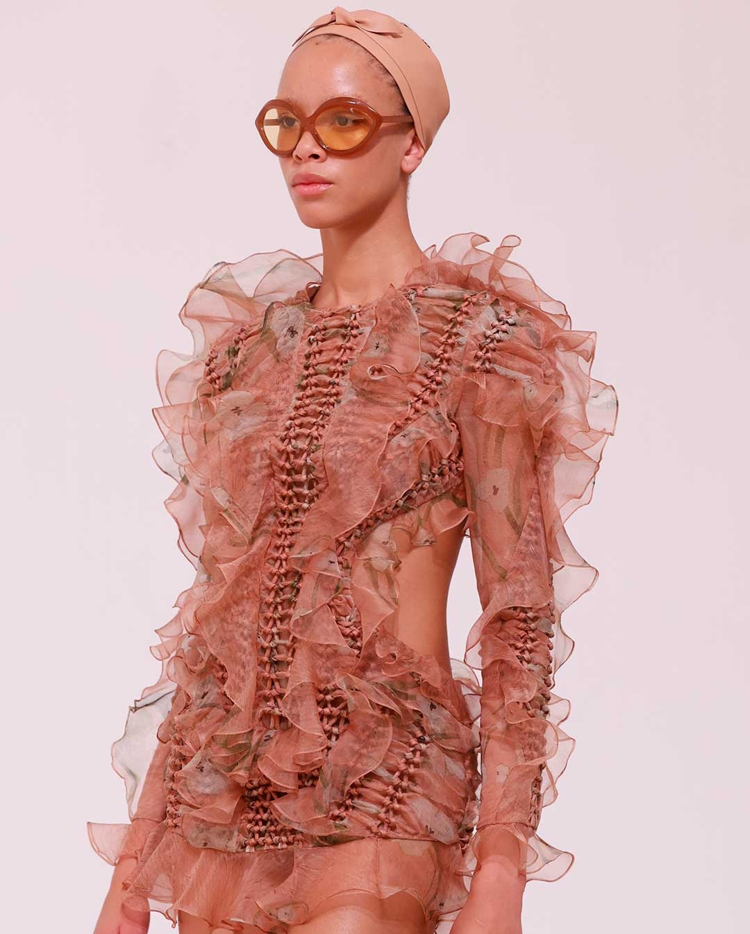 Look 37: Illuminate Braided Mini Dress in Cotton Candy, Leather Headband in Caramel, Mellow Anklet in Gold/Multi, Wild Sandal in Pecan and Bliss Cateye in Amber 