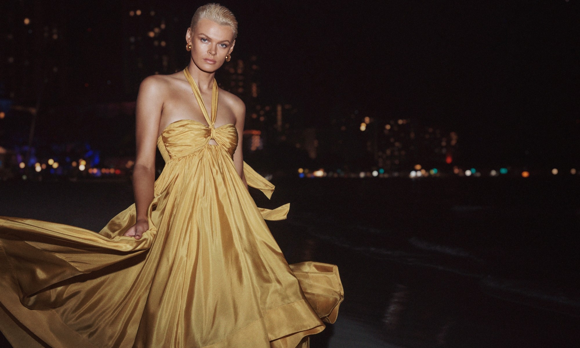  Devi Halter Maxi Dress in Mustard and Triangle Section Hoop Earrings in Gold 