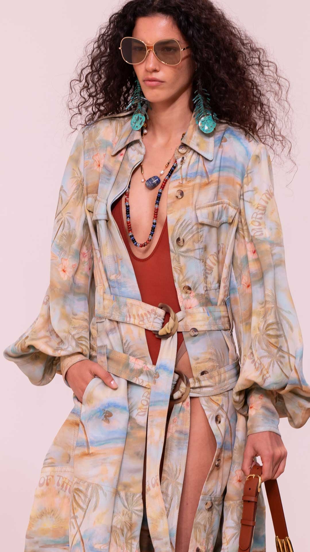 Look 3: Illuminate Cargo Midi Dress in Blue Morning, Dawning Scoop Bodysuit in Rust, Slip Chandeliers, Mellow Stone Beaded Necklace, Mellow Stone Necklace, Mellow Bracelet, Mellow Anklet, Halcyon Large Bucket, Wild Wedge 95 and Amee Oversize 