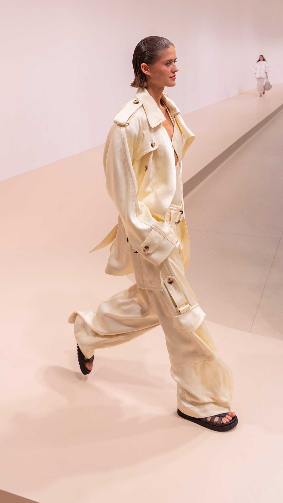 Look 21: Dawning Cargo Jacket in Lemon, Dawning Long Sleeved Bodysuit in Lemon, Dawning Cargo Pant in Lemon and Goldie Gladiator in Espresso 
