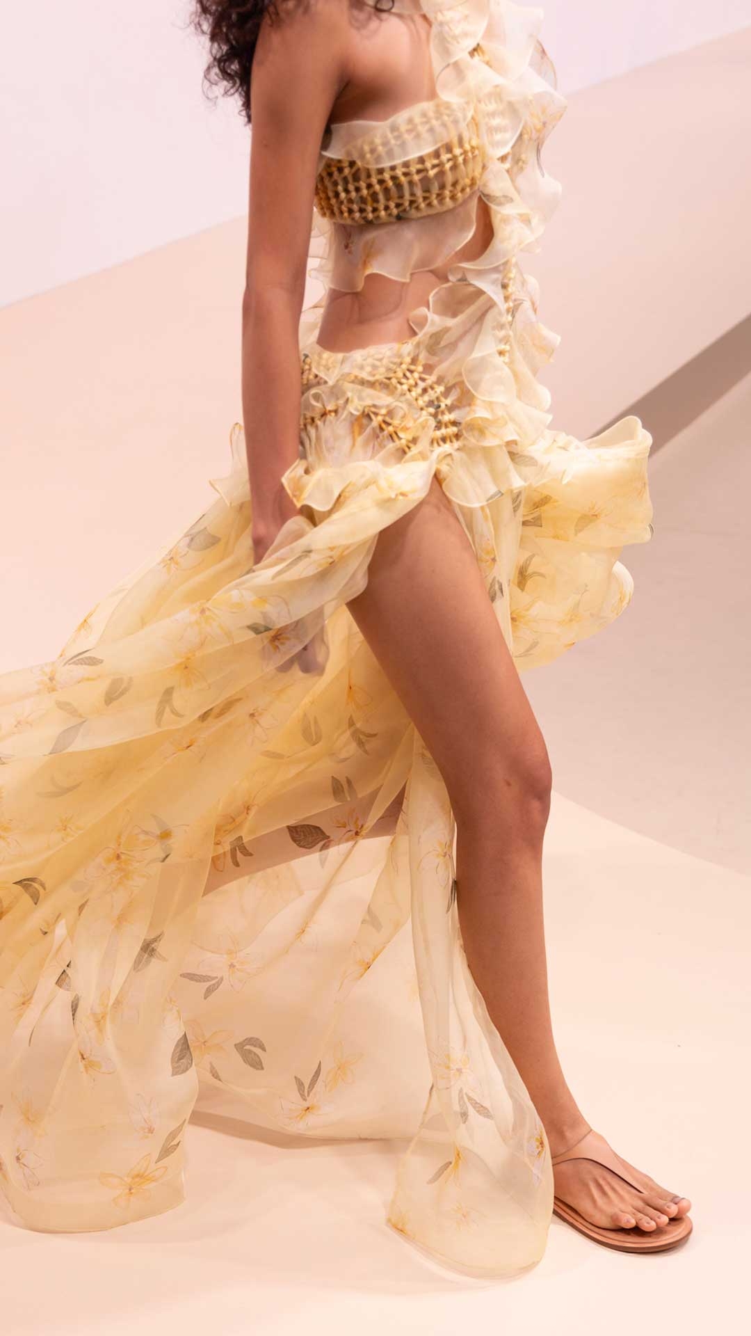 Look 20: Balance Braided Bodice Dress in Frangipani and Wild Sandal in Caramel 