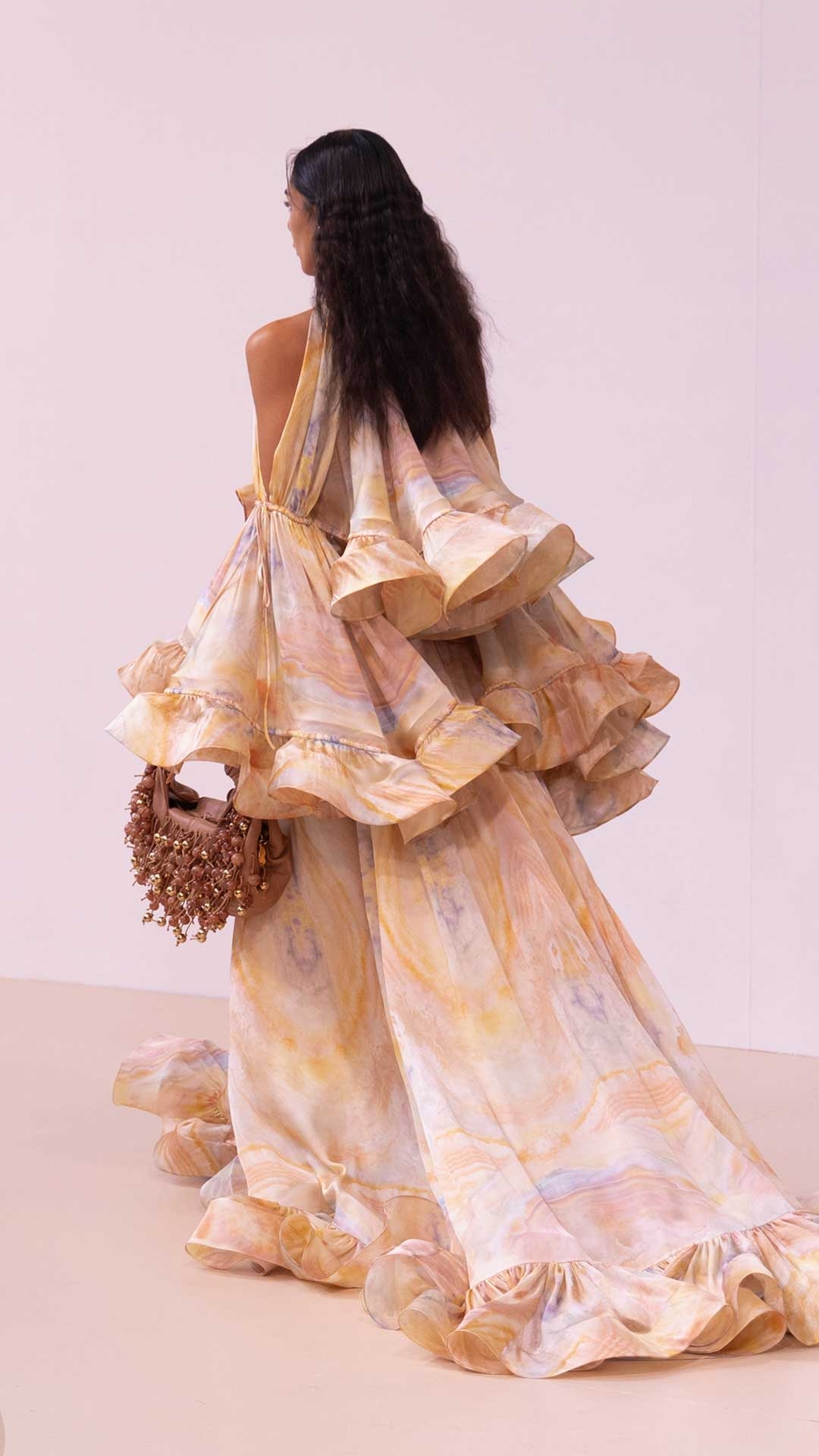 Look 13: Balance Flounce Blouse in Honey Agate, Balance Flounce Maxi Skirt in Honey Agate, Ore Chandeliers in Gold/Copper, Foam Wrap Belt in Caramel, Foam Bag in Caramel and Wild Sandal in Caramel 