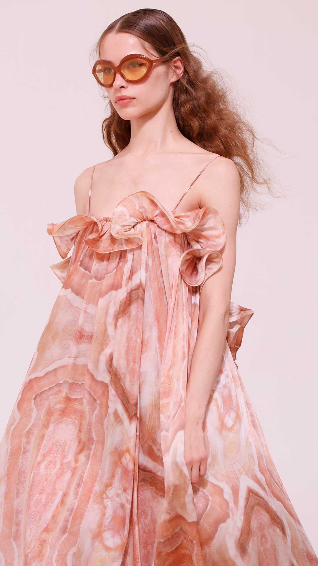 Look 33: Illuminate Flounce Gown in Guava Agate, Wild Sandal in Pecan and Bliss Cateye in Amber 