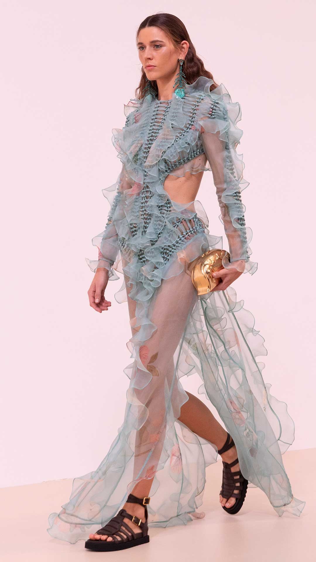 Look 1: Illuminate Braided Maxi Dress in Mint Floral, Slip Chandeliers in Copper Patina, Rapture Clutch in Gold and Goldie Gladiator in Espresso 