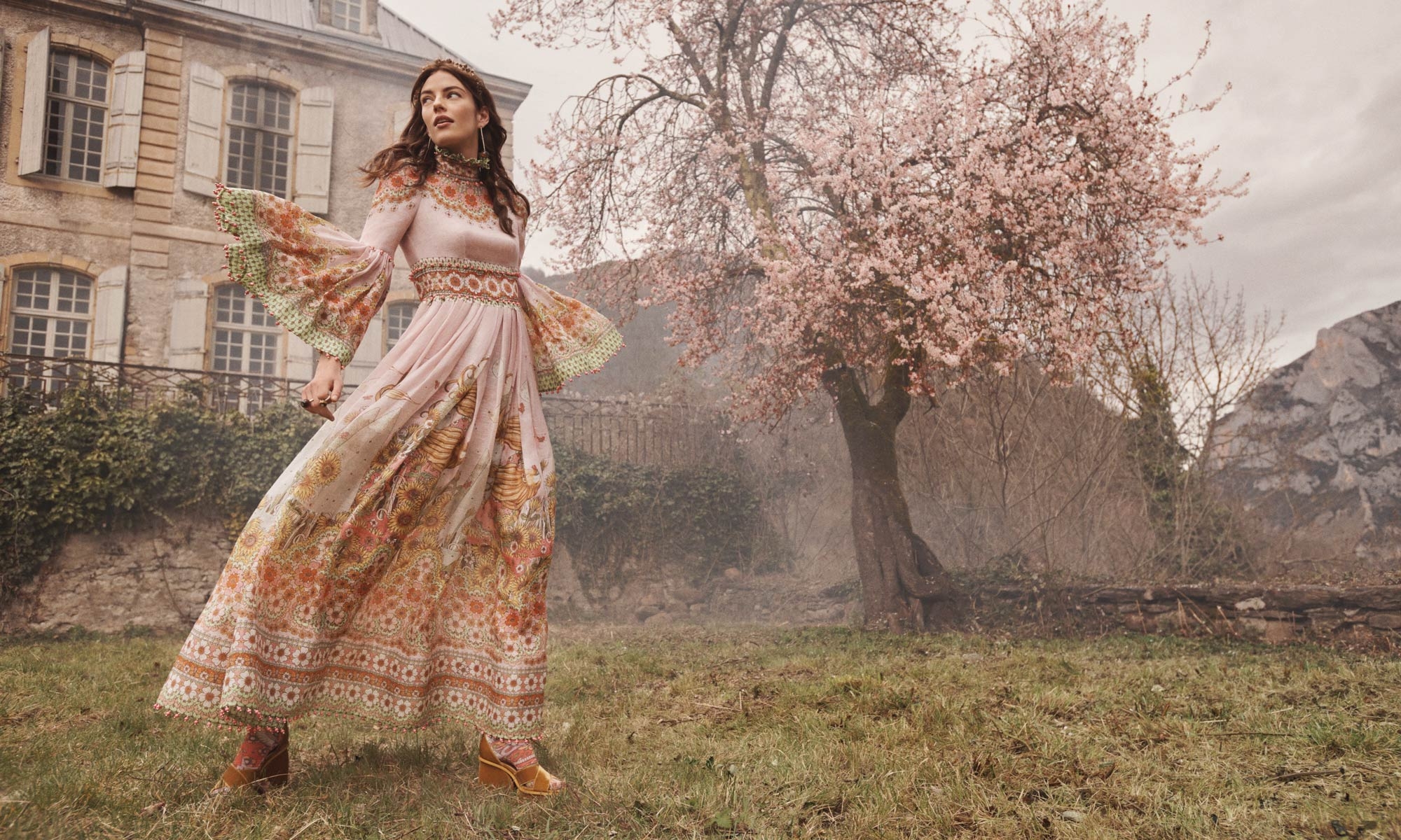 Kaleidoscope Bell Sleeve Gown in Leo Zodiac Print, Metal Orb Headband in Golden Brown Quartz, Semi Precious Orb Ring in Golden Brown Quartz, Velvet Platform Sandal in Sunshine  