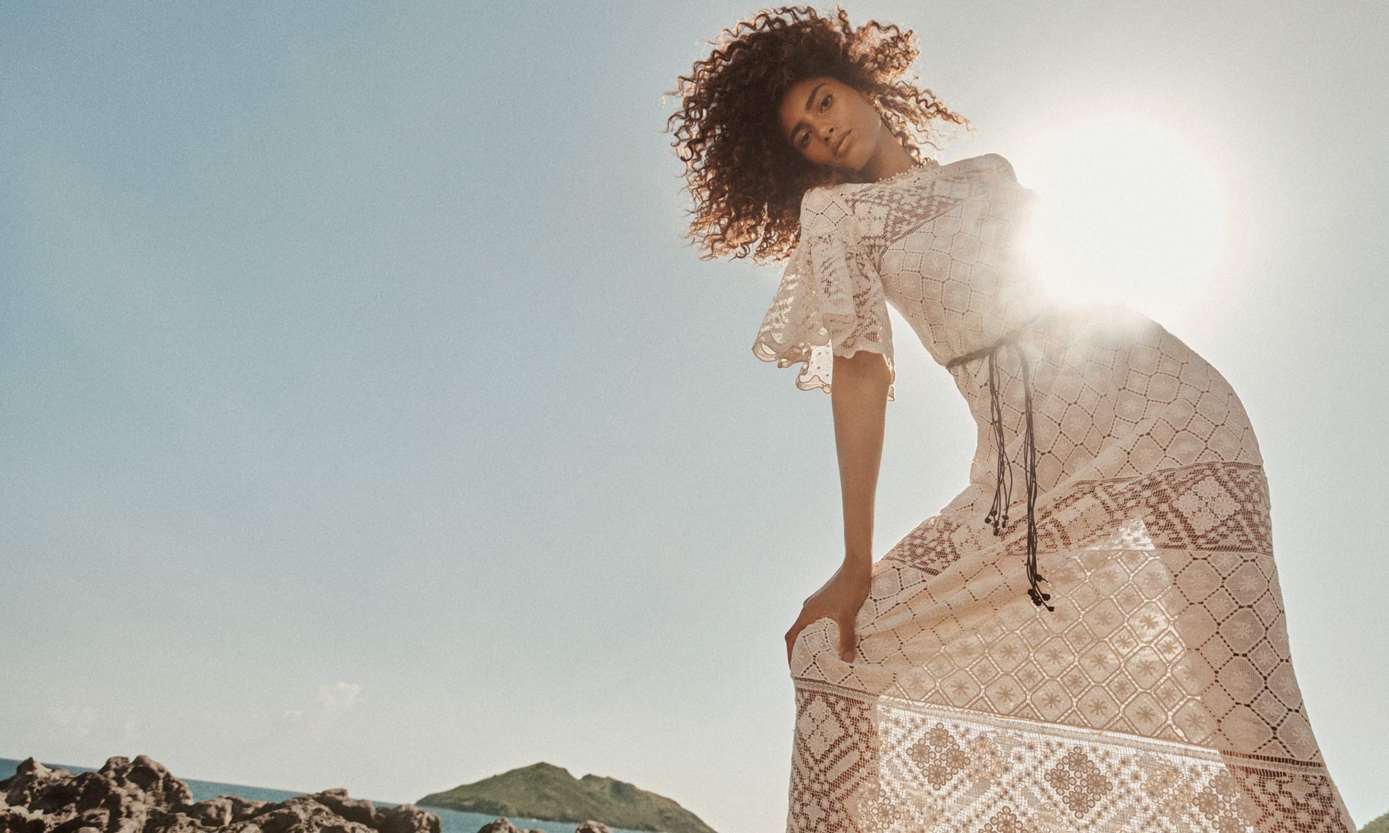 Model wears the Wylie Crochet Midi Dress in Tea and the Zimmermann Wish Hoops in Gold 