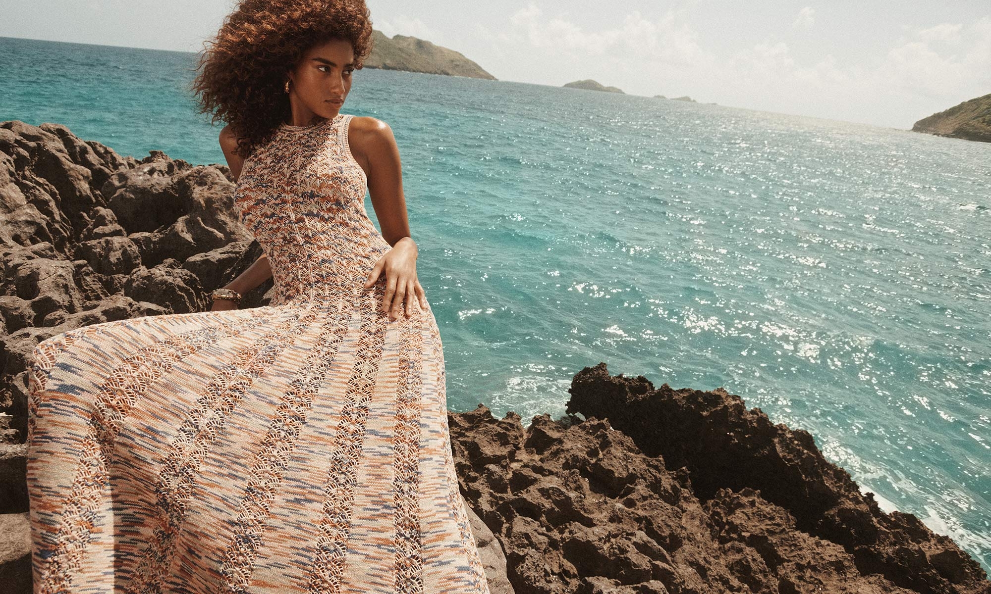 Model wears the Wylie Tank Knit Dress in Multi, Zimmermann Wish Hoops in Gold and Zimmermann Wish Cuff in Gold 