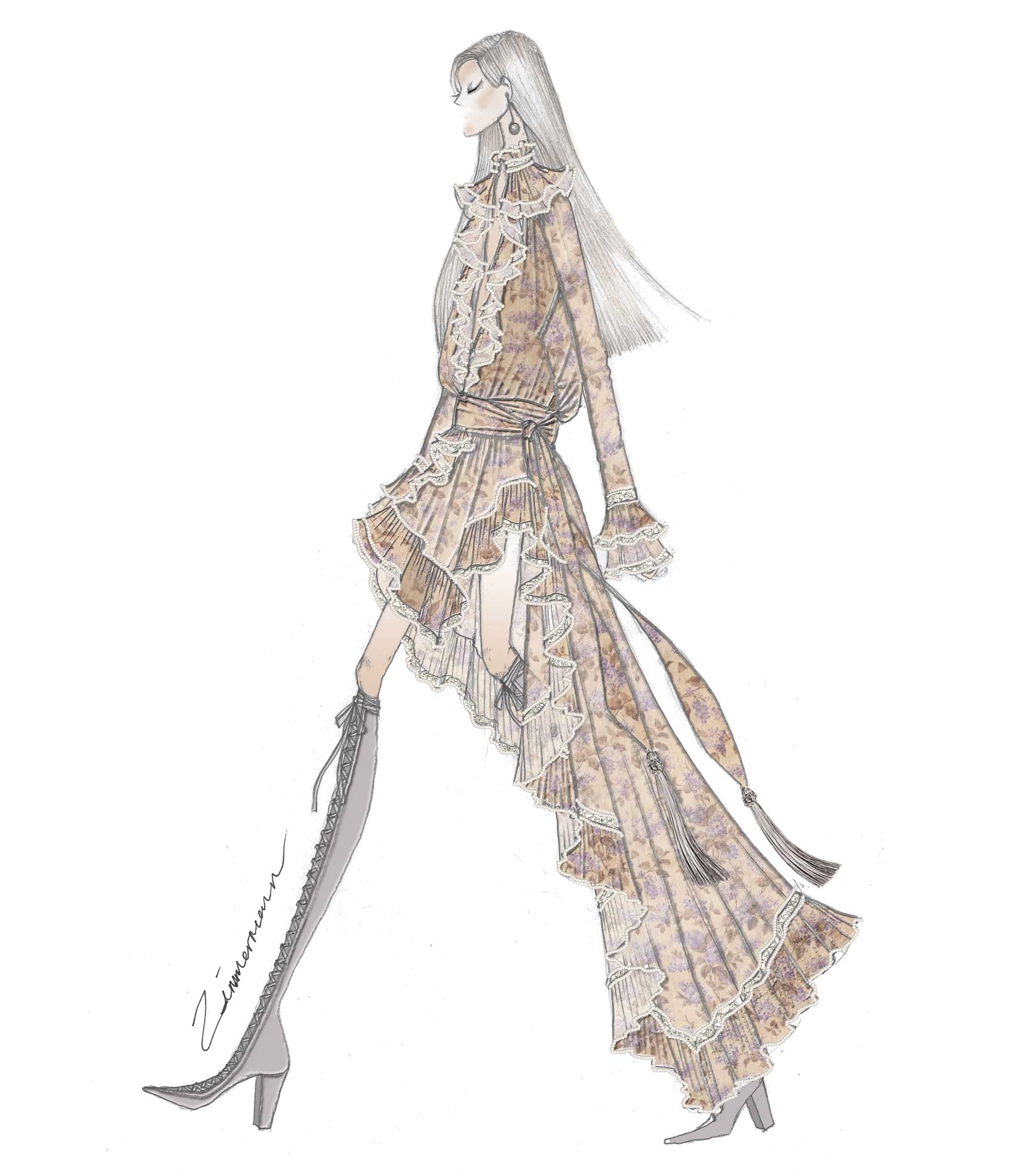 A sketch of a look from our Zimmermann x Bazaar in Bloom collection 2016