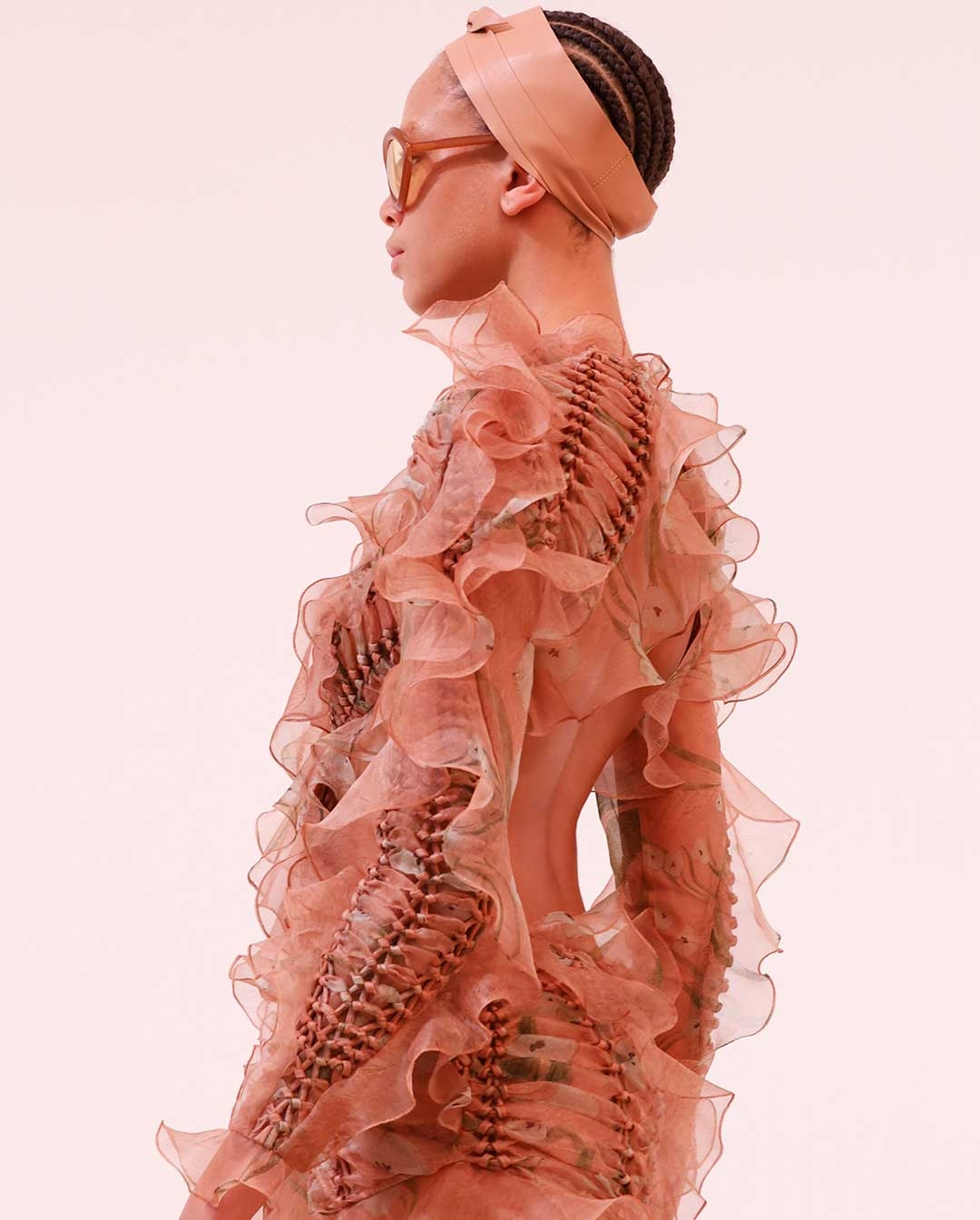 Look 37: Illuminate Braided Mini Dress in Cotton Candy, Leather Headband in Caramel, Mellow Anklet in Gold/Multi, Wild Sandal in Pecan and Bliss Cateye in Amber 