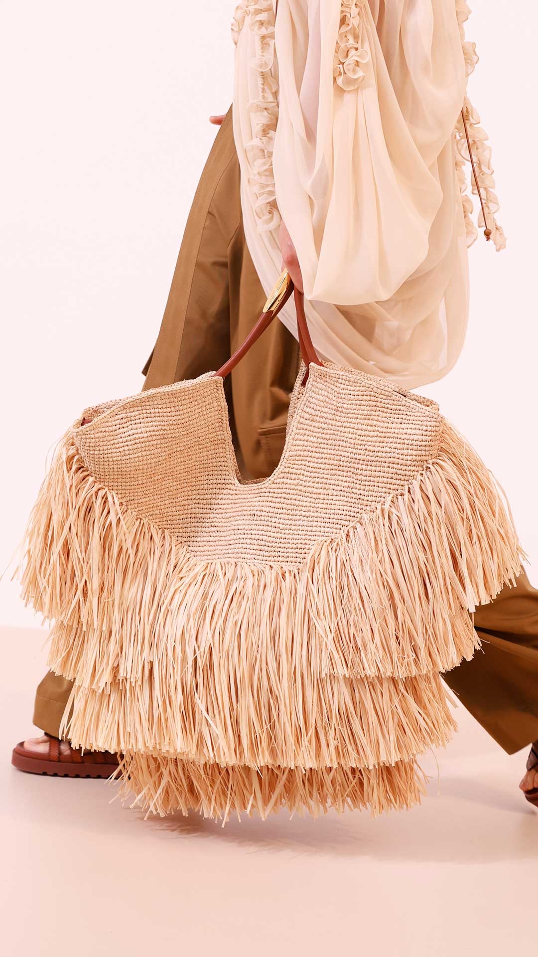 Look 4: Illuminate Draped Blouse in Tea, Illuminate Cargo Pant in Khaki, Mellow Pearl Beaded Necklace in Gold/Multi, Beaded Bandana Scarf in Orange/Brown, Goldentime Large Fringe Tote in Natural and Goldie Gladiator in Pecan 
