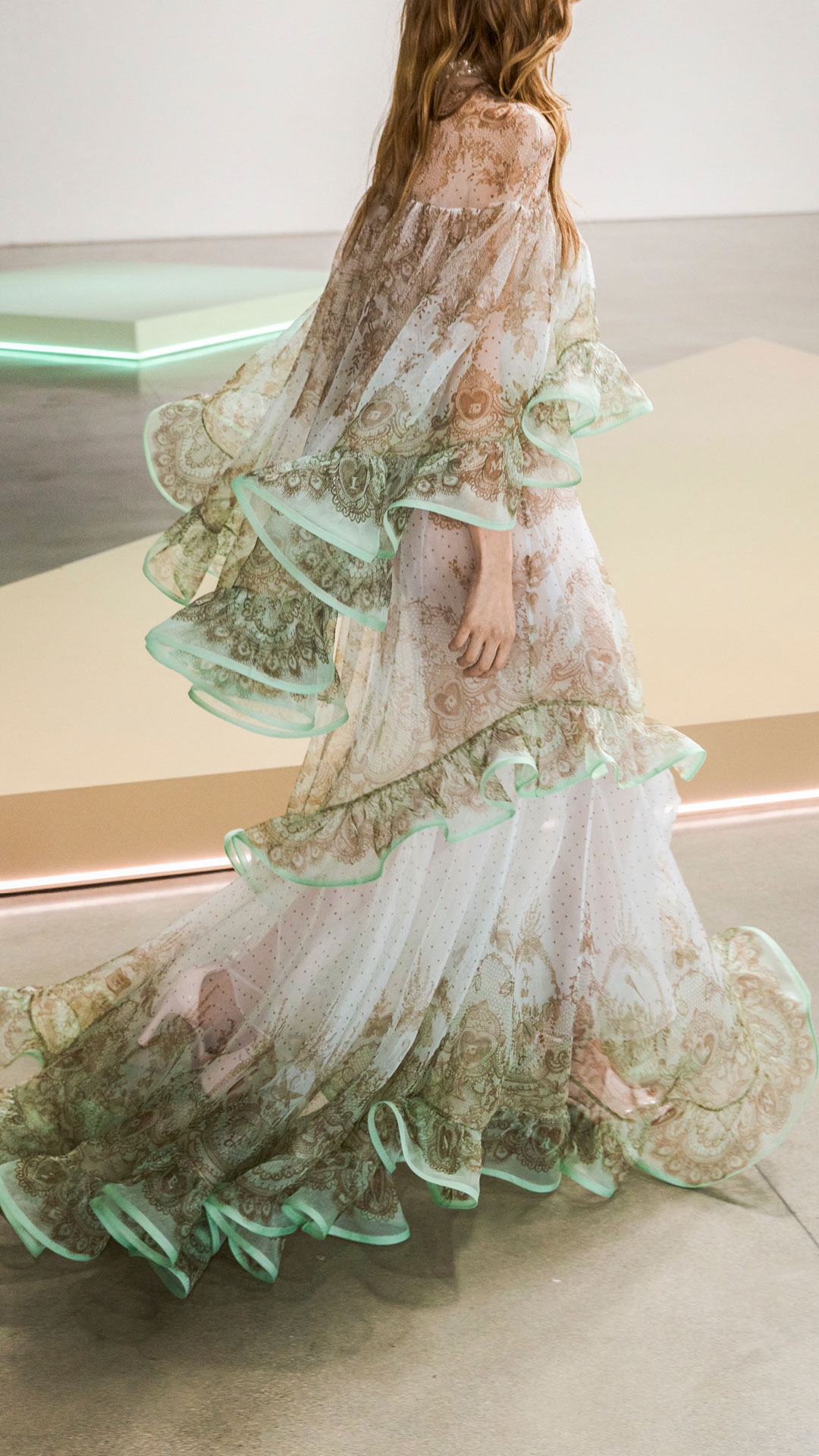 LOOK 50: CRUSH EMBELLISHED BLOUSE IN MINT LACE PRINT, CRUSH FLUTTER MAXI SKIRT IN MINT LACE PRINT, ZIMMERMANN BELLIS CHANDELIERS IN GOLD/PEARL, LONG BELT 25 IN TAN AND ZIMMERMANN TUX PUMP 85 IN BALLET PINK 