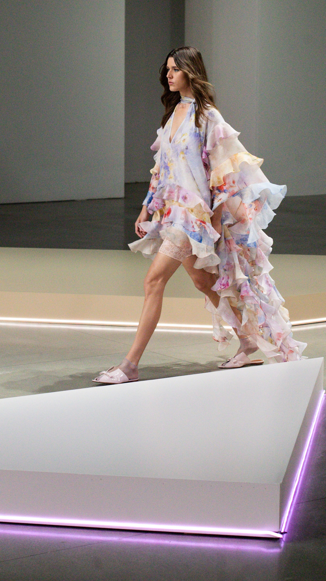 LOOK 5: CRUSH SPLICED RUFFLE DRESS IN SPLICED FLORAL, ZIMMERMANN NOVA FRINGE STUDS IN GOLD AND ZIMMERMANN TUX MULE AND BALLET PINK 