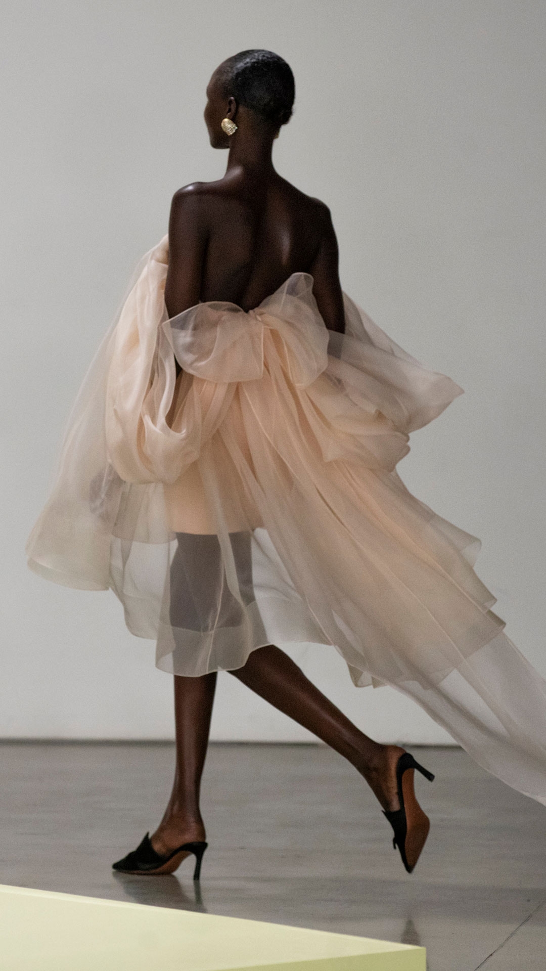  LOOK 40: CRUSH STRAPLESS MINI DRESS IN PEACH, ZIMMERMANN NOVA FRINGE STUDS IN GOLD AND ZIMMERMANN TUX MULE 65 IN BLACK 