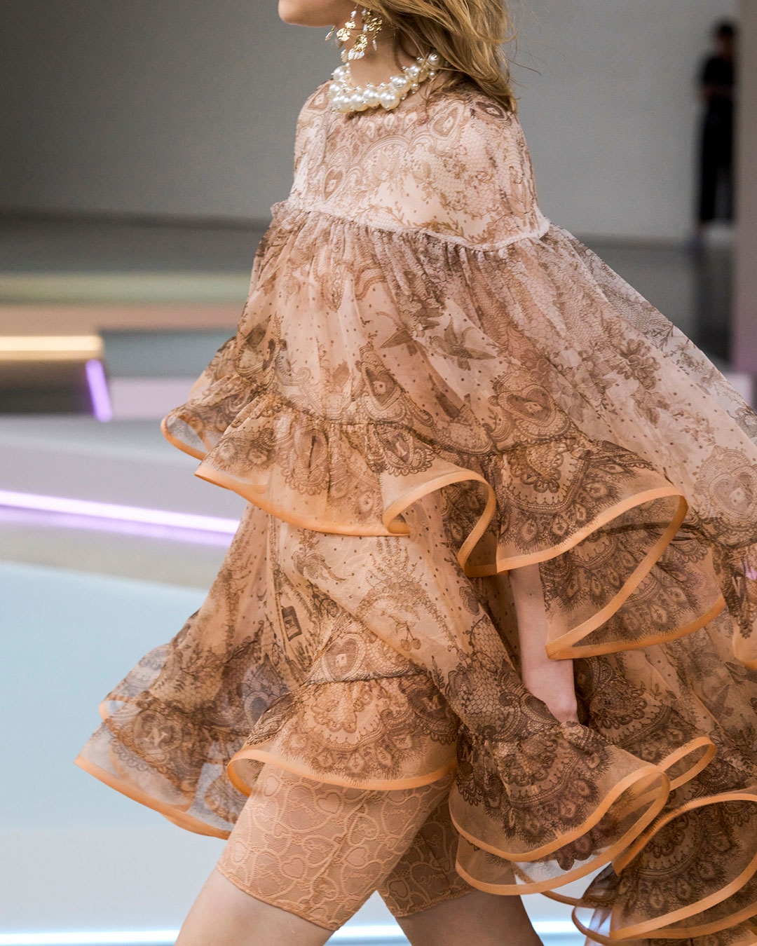 LOOK 47: CRUSH EMBELLISHED MINI DRESS IN PEACH LACE PRINT, ZIMMERMANN BELLIS CHANDELIERS IN GOLD/PEARL AND ZIMMERMANN TUX MULE IN GOLD 
