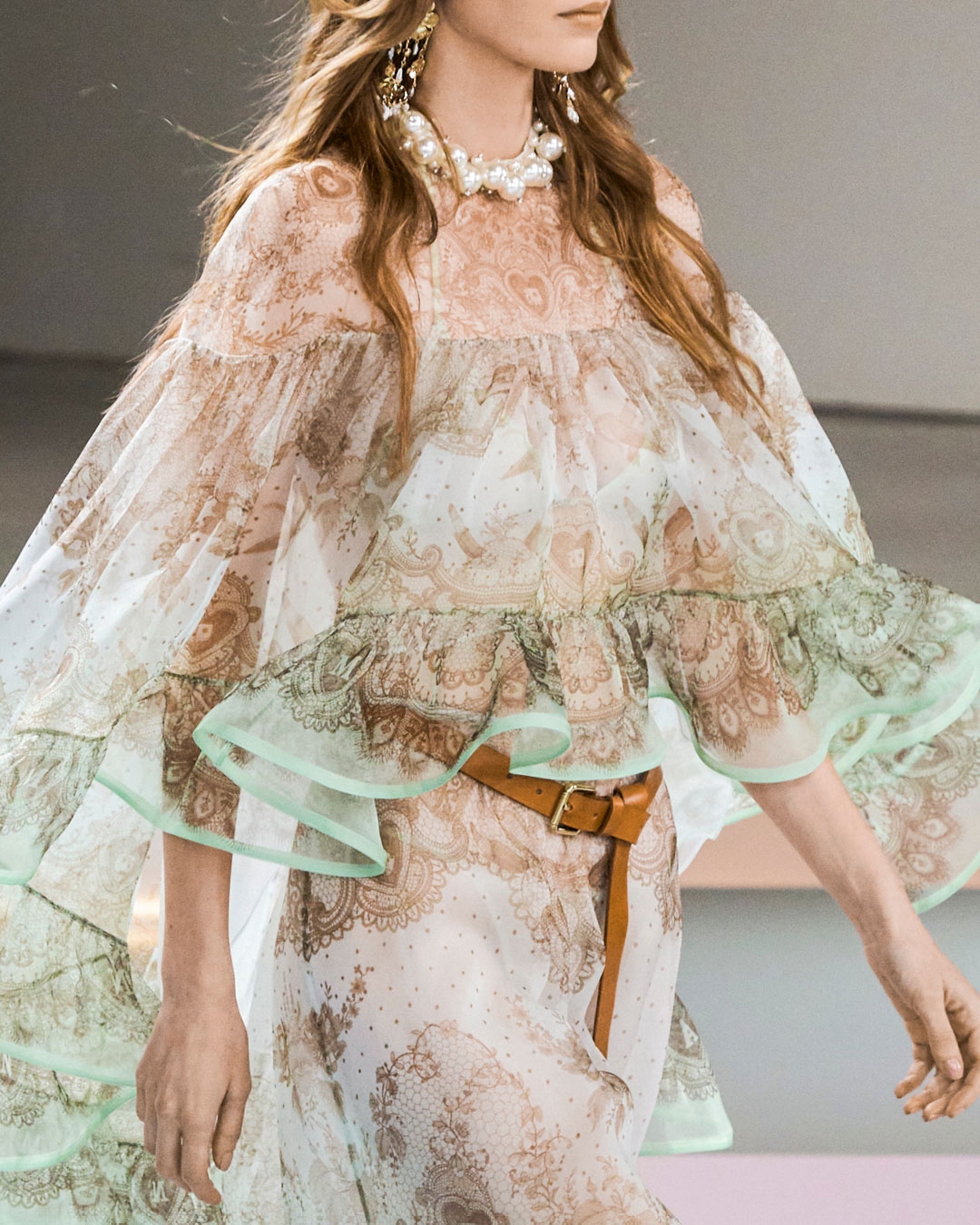 LOOK 50: CRUSH EMBELLISHED BLOUSE IN MINT, LACE PRINT CRUSH FLUTTER MAXI SKIRT IN MINT, LACE PRINT ZIMMERMANN BELLIS CHANDELIERS IN GOLD/PEARL, LONG BELT 25 IN TAN AND ZIMMERMANN TUX PUMP 85 IN BALLET PINK 